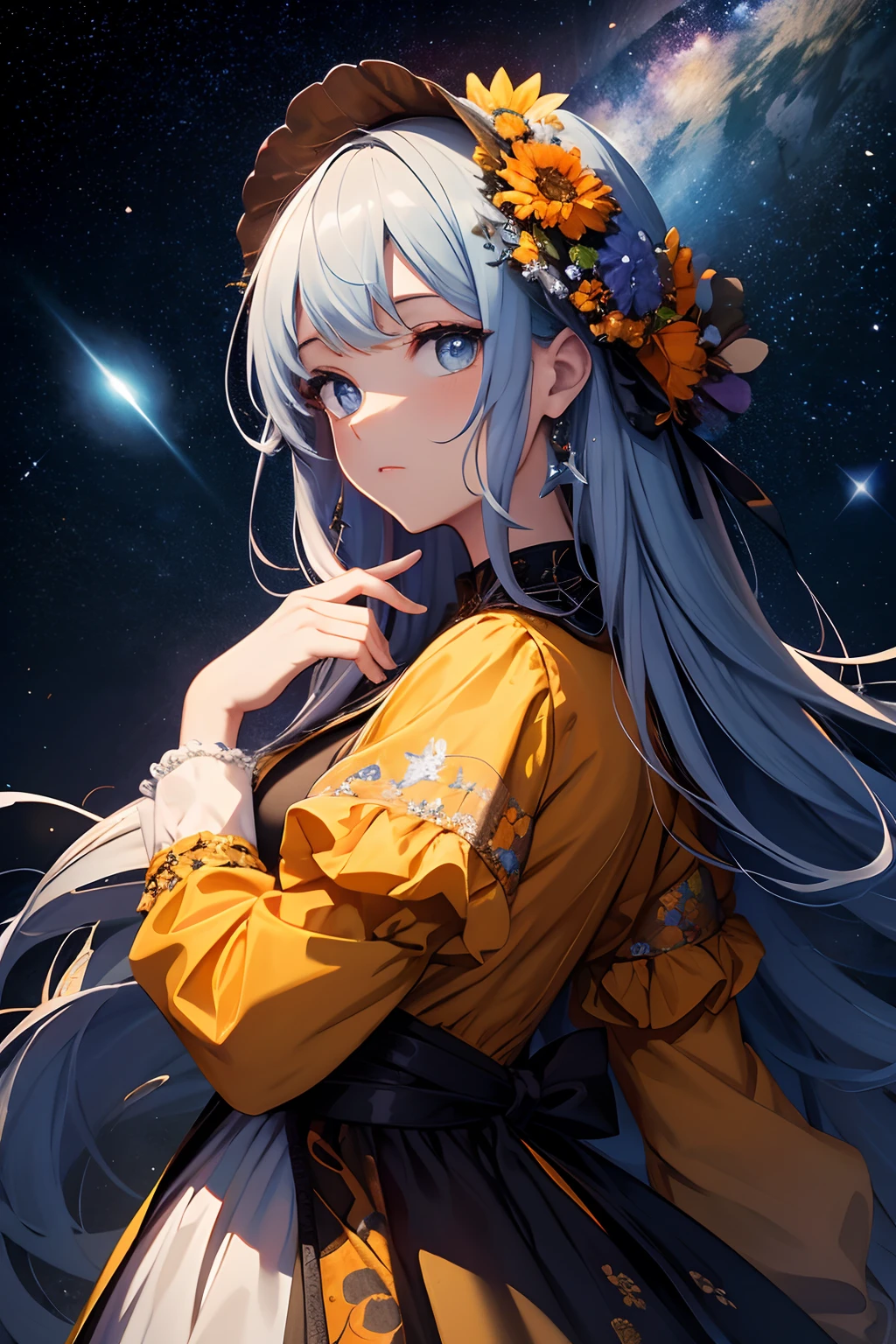 eaArt Bot Txt2Img Default 14:33:13 Masterpieces、Background with（（Fantastic starry sky、kosmos、Meteor swarm、black hole、Irridescent color））depth（（planetes））、Yellow dress with orange floral embroidery、a beauty girl、There are flowers that are glowing in a fantastic light blue color around them