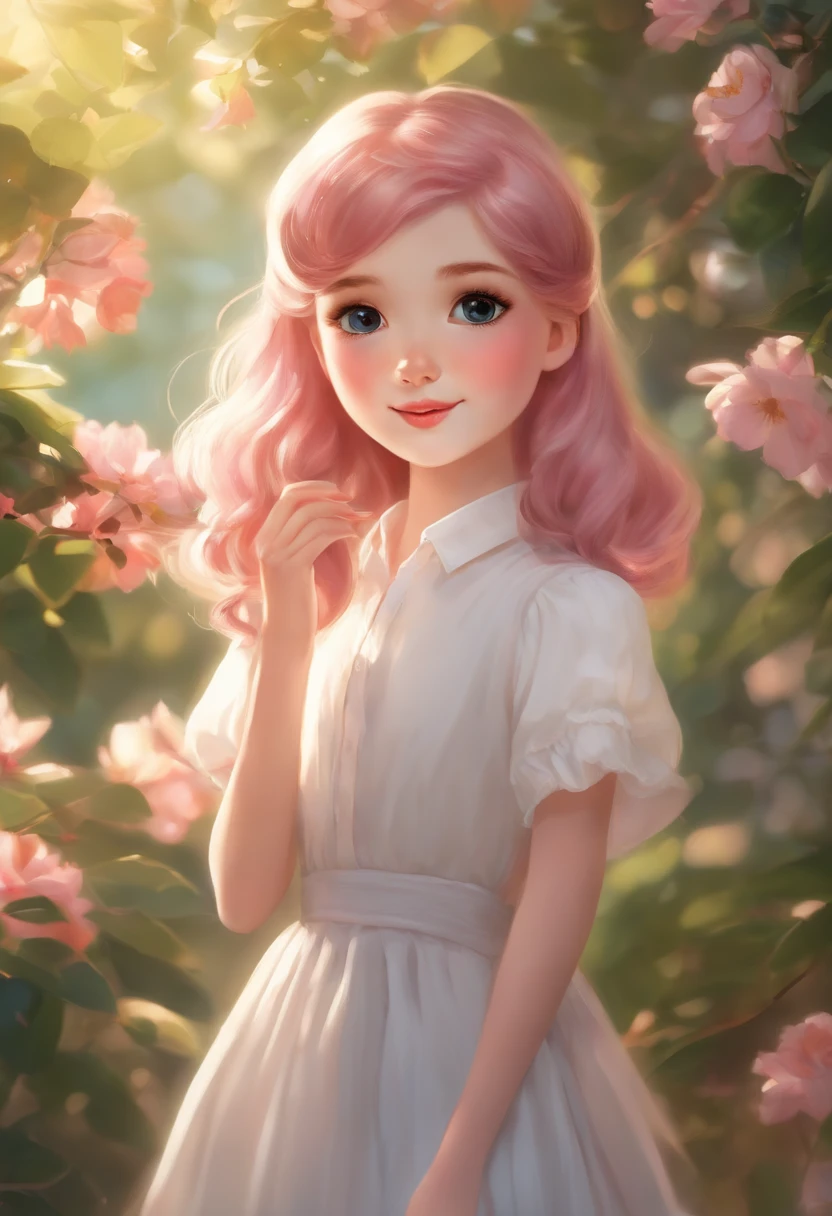 A -yeld gi Black pleated skirt, White shirt, Hair length to shoulders, with pink hair,There are occasional color changes and a hint of blue, Beautiful and delicate eyes and lips, Porcelain skin, Playful expression, standing in a blooming garden, Surrounded by vibrant flowers and lush greenery, the sunlight filters through the leaves of the tree, Cast a warm glow on her face, Create soft shadows and highlights, Capture the perfect moment in high resolution, With super detailed features, Realistic and realistic rendering style, Vivid colors, There's also a hint of bokeh,Add depth and magic to the scene.