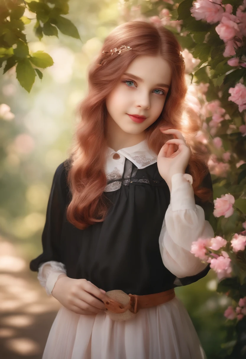 A 12-year-old girl, Black pleated skirt, White shirt, Hair length to shoulders, with pink hair,There are occasional color changes and a hint of blue, Beautiful and delicate eyes and lips, Porcelain skin, Playful expression, standing in a blooming garden, Surrounded by vibrant flowers and lush greenery, the sunlight filters through the leaves of the tree, Cast a warm glow on her face, Create soft shadows and highlights, Capture the perfect moment in high resolution, With super detailed features, Realistic and realistic rendering style, Vivid colors, There's also a hint of bokeh,Add depth and magic to the scene.