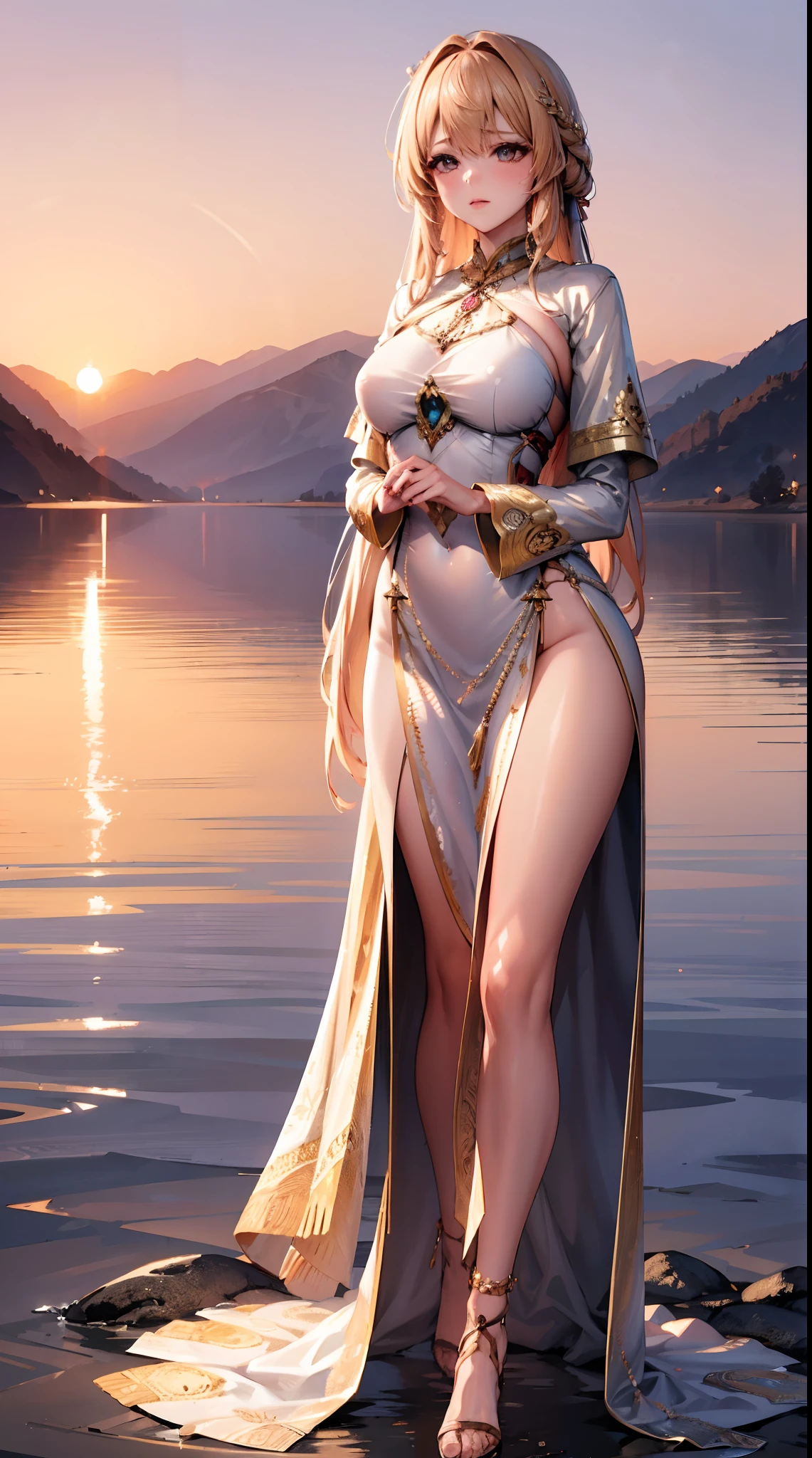 1girll, calm expression, Charming eyes, Long straight poem, Flowing dress, Balanced posture, porcelain skin, Thin blush, Golden Hour Break Crystal Necklace, (Rim Lighting):1.2, warm tones, Forward Structure, soft shadows, vibrant colours, Drawing effect, Dreamy ambience Scenic lake break, Distant mountains, Willow tree, calm waters, reflection, Sunlit clouds, tranquil atmosphere, Perfect sunset, A highly detailed, formal art, unity 8k wallpaper , zentangle, mandala