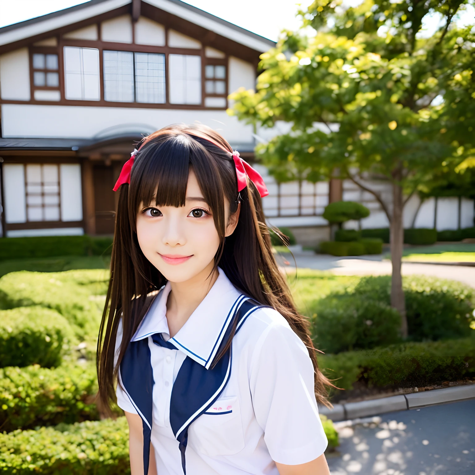 outside of house、takeout、roadside, a hyperrealistic schoolgirl, a hyperrealistic schoolgirl, Realistic Schoolgirl, dressed as schoolgirl, Cute Schoolgirl, japanese girl school uniform, wearing japanese school uniform, Japan school uniform, cyber school girl, Anime girl cosplay, girl wearing school uniform, beautiful anime high school girl