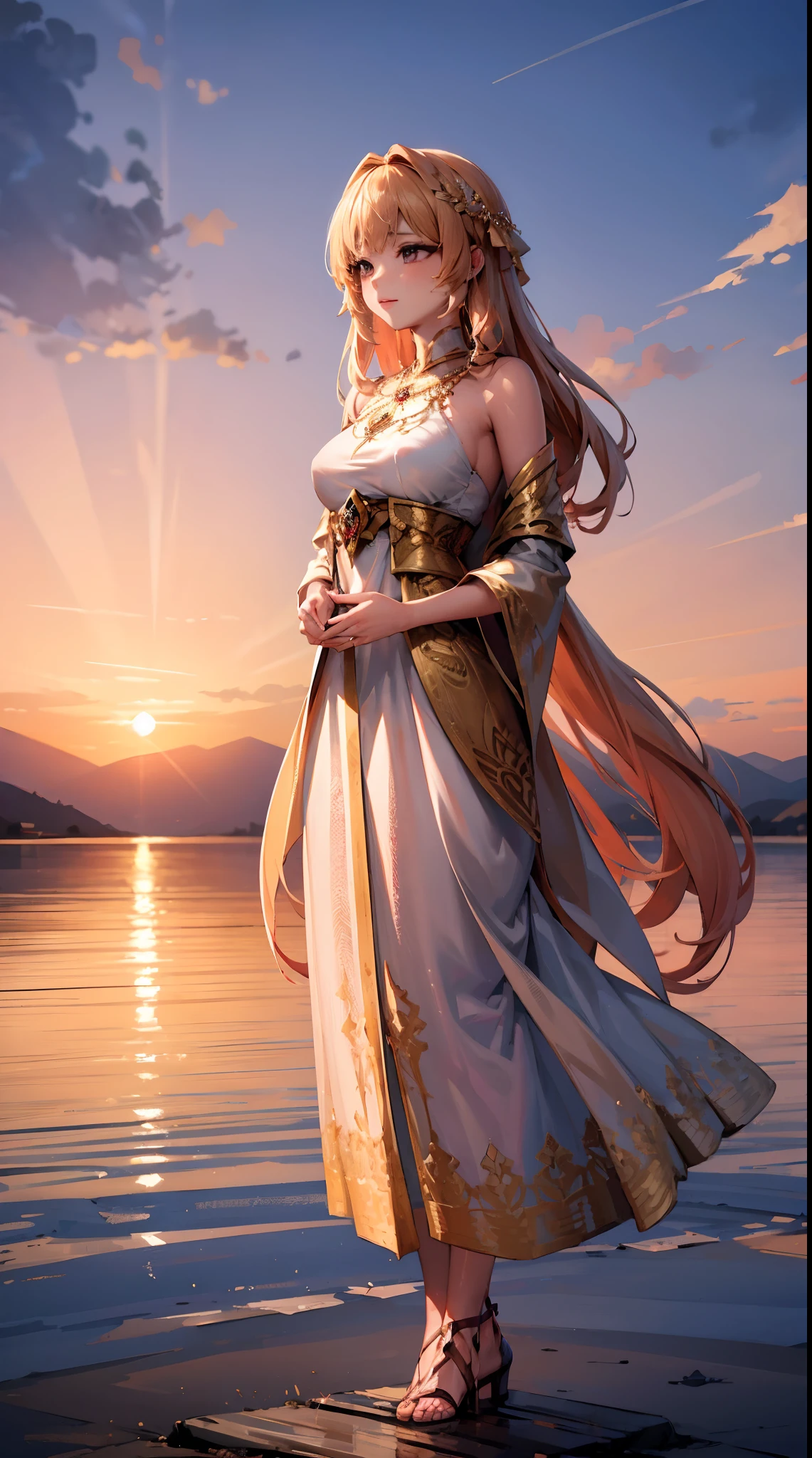 A beautiful young Greek princess with long flowing hair, piercing eyes, elegant facial features and a serene expression (anime style), detailed face and body, intricate jewelry and ornate dress, standing in a mythical Greek landscape, warm color palette, photorealistic , high detail, cinematic lighting, masterpiece, full body, round breasts,