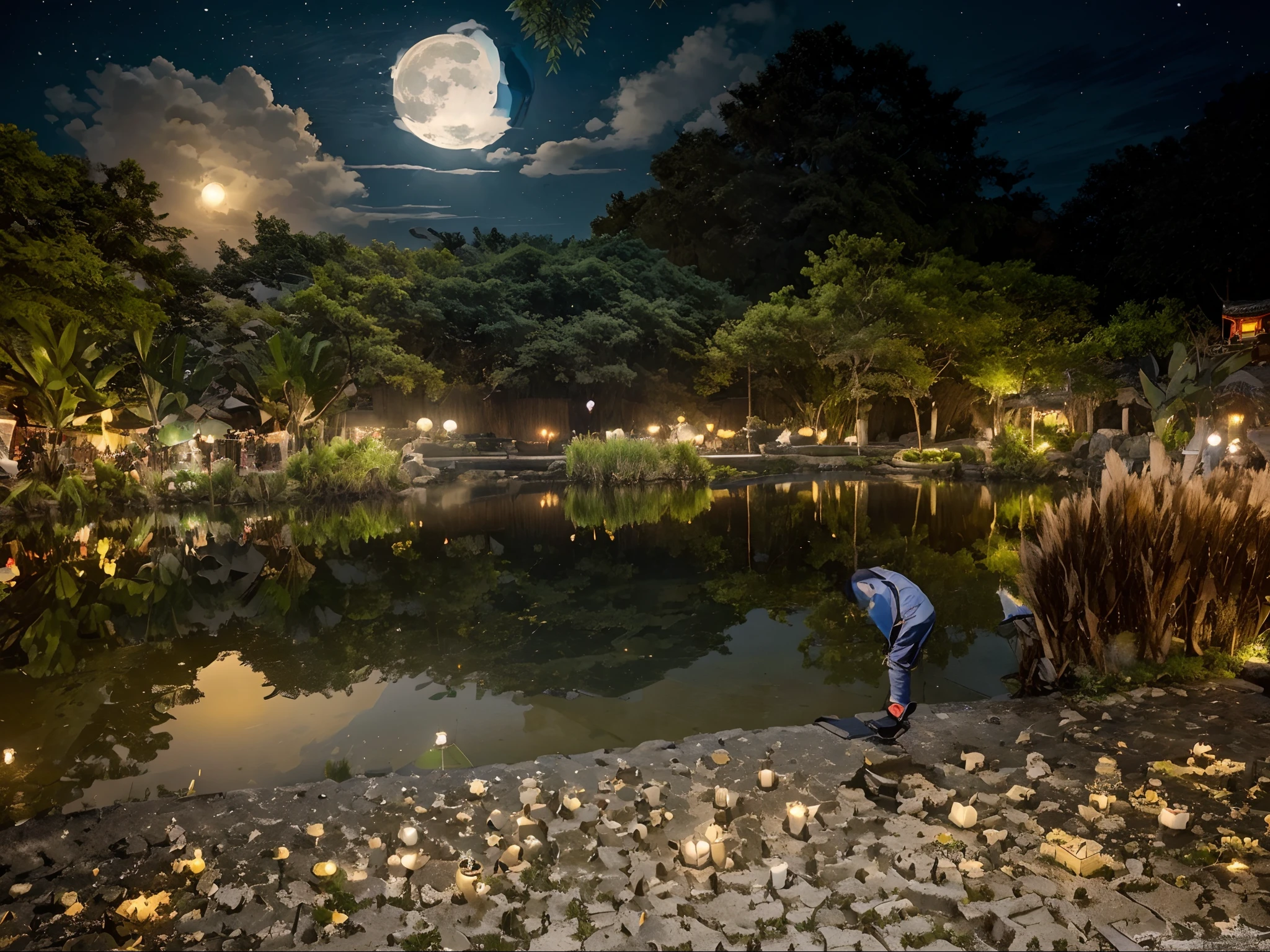 tmasterpiece, Better quality, Chinese martial arts style, Asian night view with lanterns and water lilies, The Asian lagoon has a lot of lanterns and boats at night，There are a lot of lights and boats on the water, Lake surface, lotus flower, beautiful night scene, (( (Chinese martial arts style))), Has a wide sky, Continuous mountains and steep cliffs, ink wash style, outline light, Atmospheric atmosphere, depth of fields, Rising fog, Bamboo, pines, Octagonal stone pavilion, Waterfall tap water, large full moon, (No color), single body, light toned, (((There is an assistant / )))