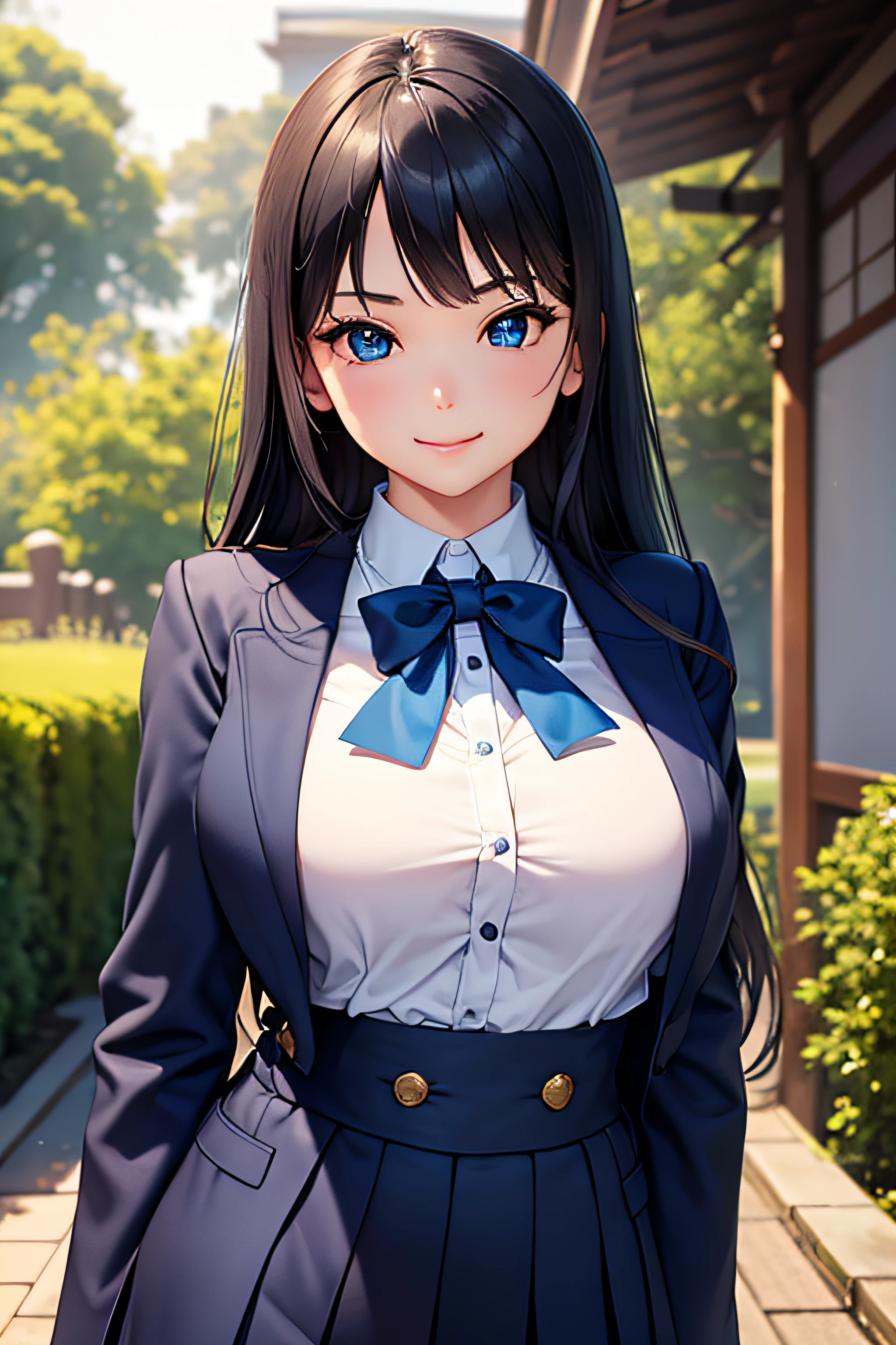 (masterpiece), (ultra high resolution), (extremely intricate), (exquisitely detailed), 1girl, (beautiful gorgeous cute woman), (F1.4, 1/800s, ISO 100, photorealistic), Long hair, beautiful face, cute smile, nice body, beautiful blue eyes, black hair, wearing blazer japanese school uniform blue navy, wearing japanese school uniform, stand straight to the camera, at garden
