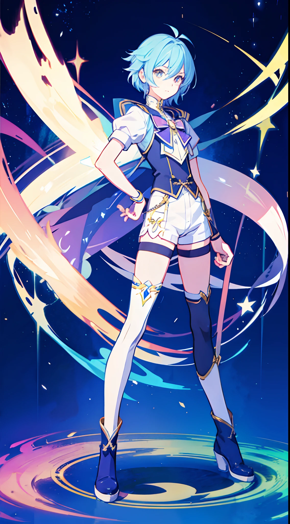magical boy, mahou shoujou, 1boy, full body, shorts, thigh high socks, boots, simple background, simple pose