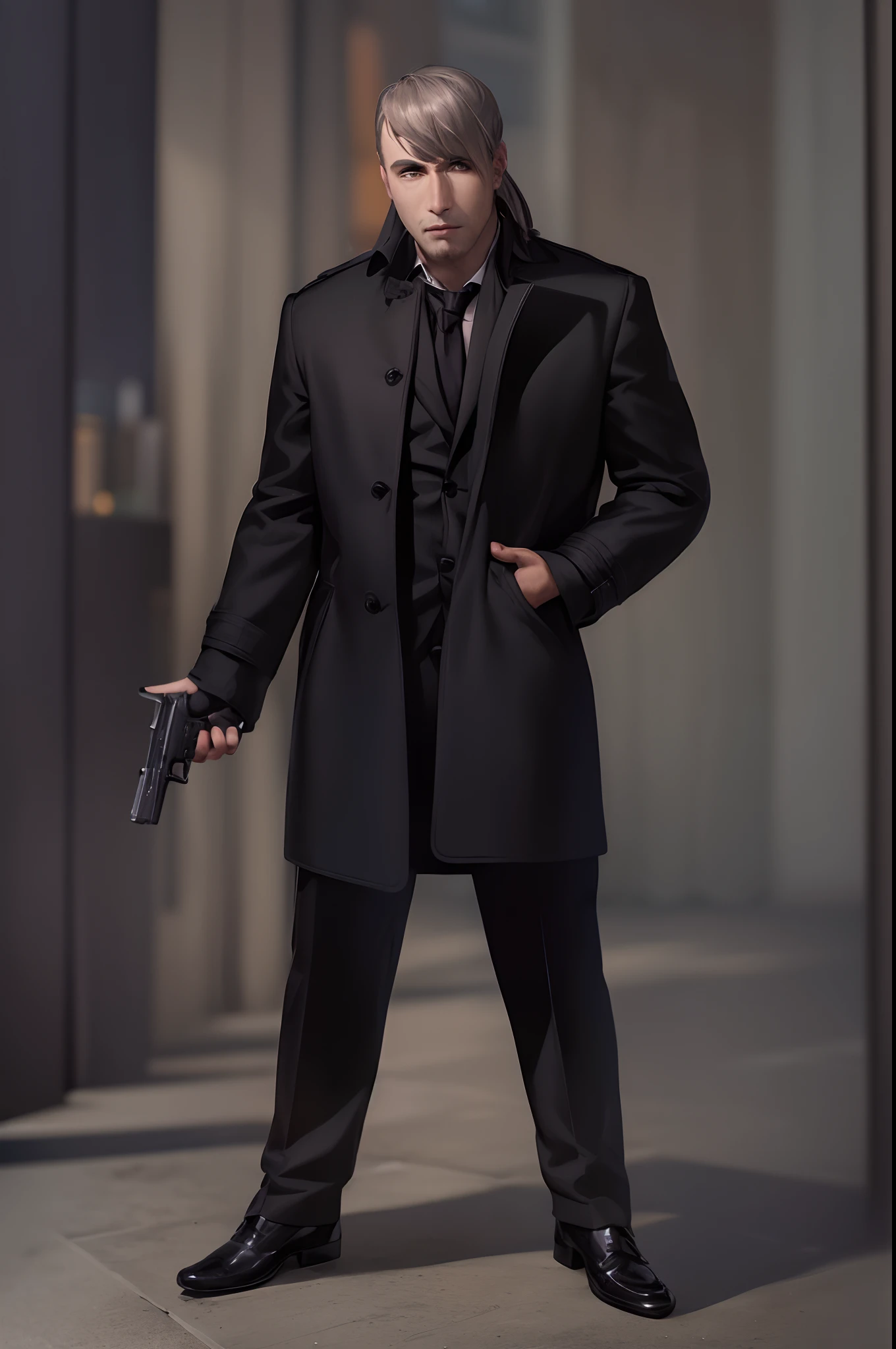 arafed man in a black coat holding a gun and pointing it, he's a hitman in peacoat, he is wearing a black trenchcoat, cinematic full body shot, photo from a promo shoot, character photography, full body and head shot, full body shoot, james coburn, full-body-shot, promo shoot, fullbody shot, dock, paris, night backdrop, film noire atmosphere, reddish grey hair, green eyes