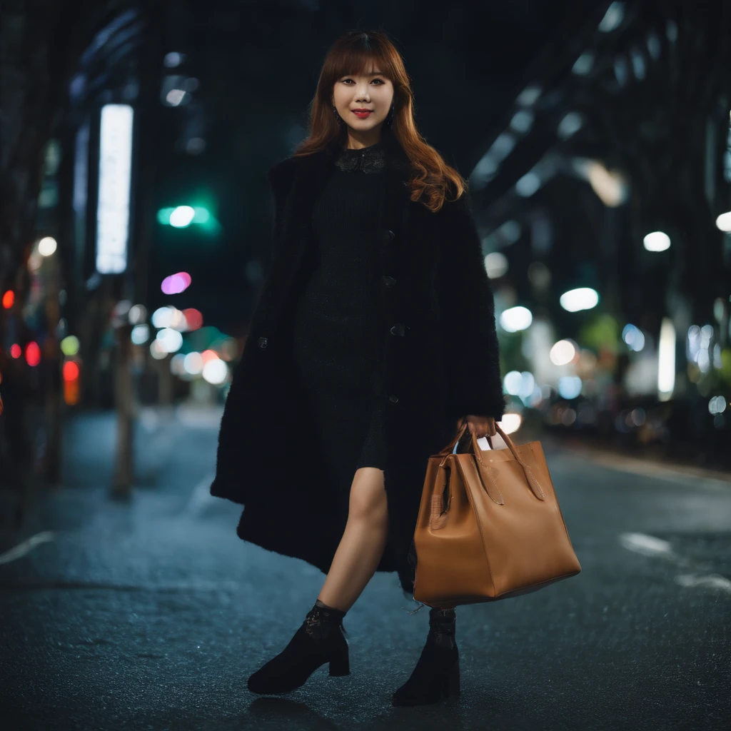 full body Esbian,21years old,Five Fingers,Perfect Anatomy,Ultra detailed eyes,masutepiece,Transcendent cute girl Japan,Long sleeve knit,coat,Pants Style,Black Nylon Socks,Carrying a bag,pumps,street snap,illumination,mid night,Bokeh,Bangs,in Tokyo,Winters,tall