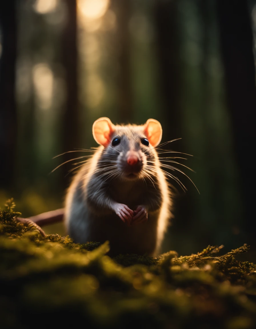 Photo of a stunning rat man standing in the mystical coniferous forest, (Lighting-Gold:1.2), (Obra maestra:1.2) (fotorrealista:1.2) (Bokeh:1.2) (La mejor calidad) (Color Grading) (Piel detallada:1.3) (intrincado) (8k) (HDR) (cinematic lighting:1.3) (foco nítido), cabello desordenado y ventoso