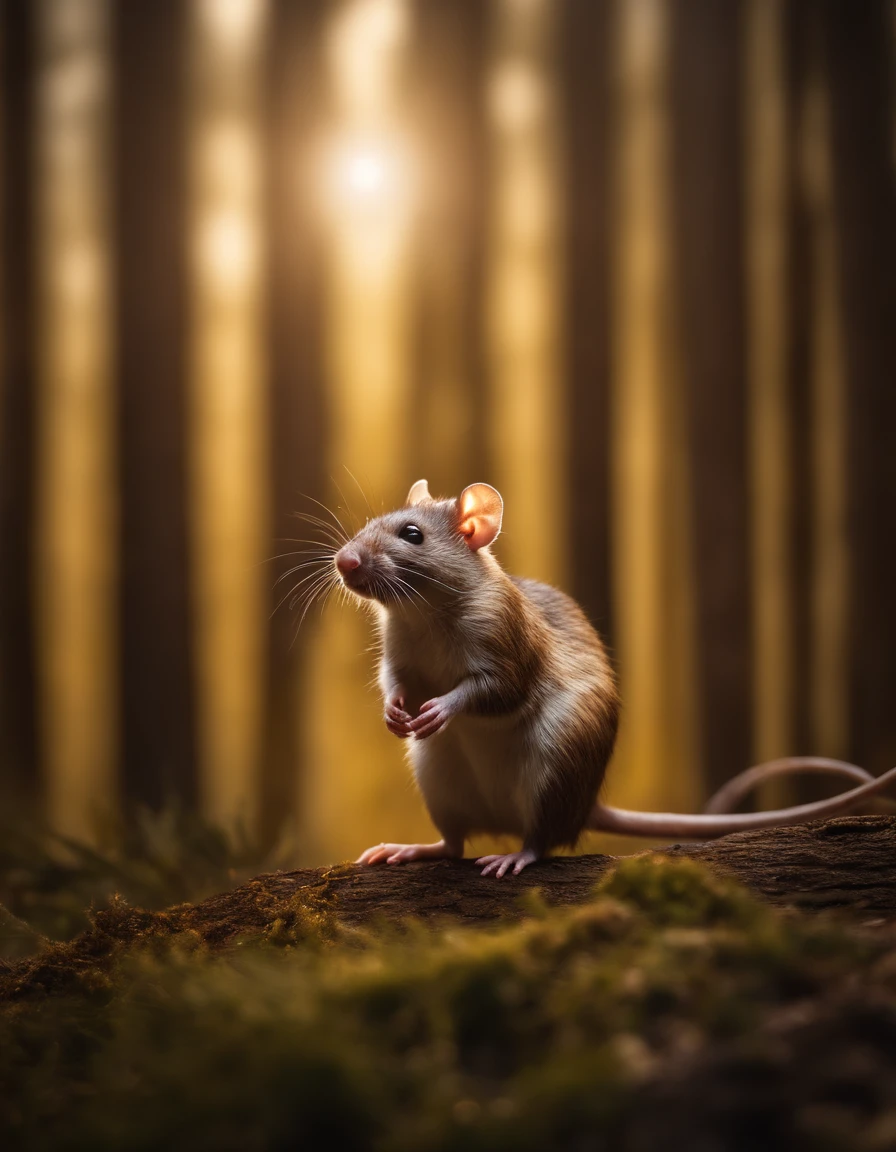Photo of a stunning rat man standing in the mystical coniferous forest, (Lighting-Gold:1.2), (Obra maestra:1.2) (fotorrealista:1.2) (Bokeh:1.2) (La mejor calidad) (Color Grading) (Piel detallada:1.3) (intrincado) (8k) (HDR) (cinematic lighting:1.3) (foco nítido), cabello desordenado y ventoso