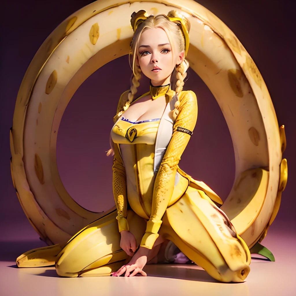 tmasterpiece (1 banana girl 25 years old :1.3) , violet eyes, blonde woman, hairlong, braided ponytail, pointed ears, mouth open. Half-smile. (Sits erotically, Wrapping his legs around a giant banana:1.2), full-length photo. higly detailed. Top Quality.