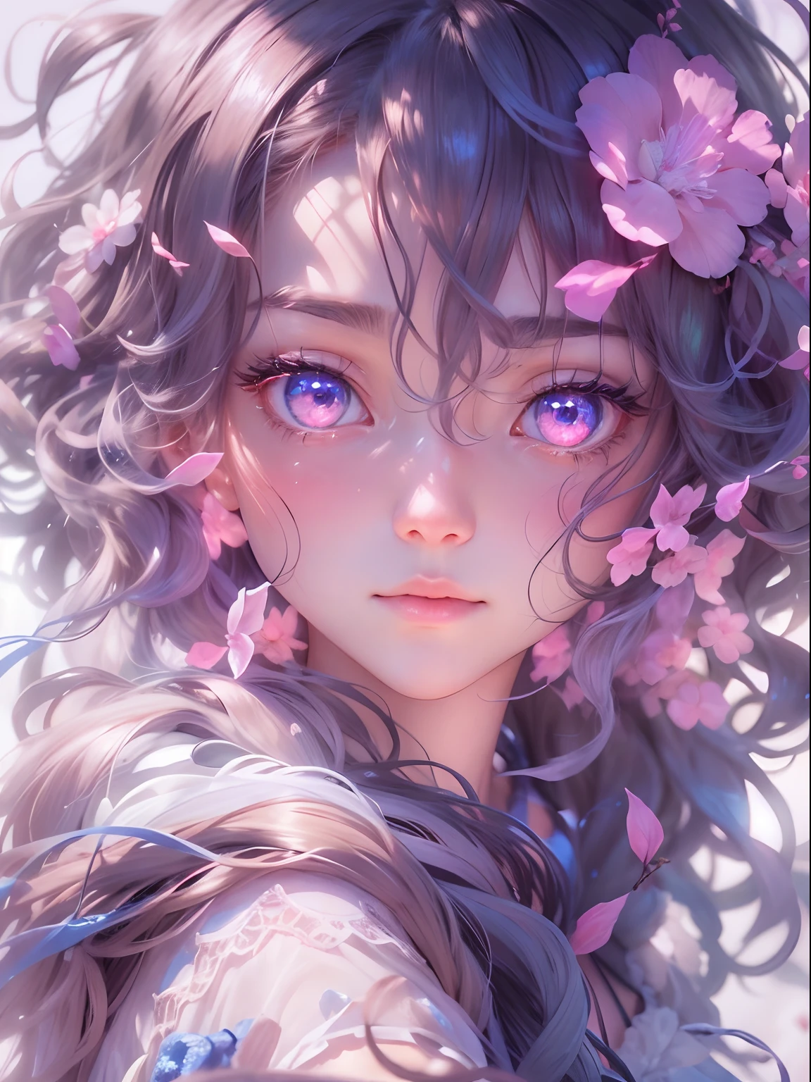 独奏,gem-like eyes,disconsolate,Harnes,Sense of brokenness,Gorgeous light and shadows,Messy hair,flowy,White yarn,Eau,foamy,Sea of blue pink clouds,Buble,Sparkling,ocean floor,dream magical,Laser light,cleanness,Masterpiece,Best quality,offcial art,Extremely detailed Cg Unity 8K wallpaper,Delicate portrayal of facial features,Delicate hair portrayal,Delicate eye portrayal,volumettic light,Light and shadow relationship,light and shadow effect,Master made,Structural design,Structured light,Human body structure,shadowing,Facial structure,eye shadows,detail in face,The face is delicate,Ultimate sophistication,extreme hight detail,Movie lighting,Facial light and shadow effects,The face is delicate,Face light and shadow effects,Semi-thick coating,The human body is delicate,Good facial features