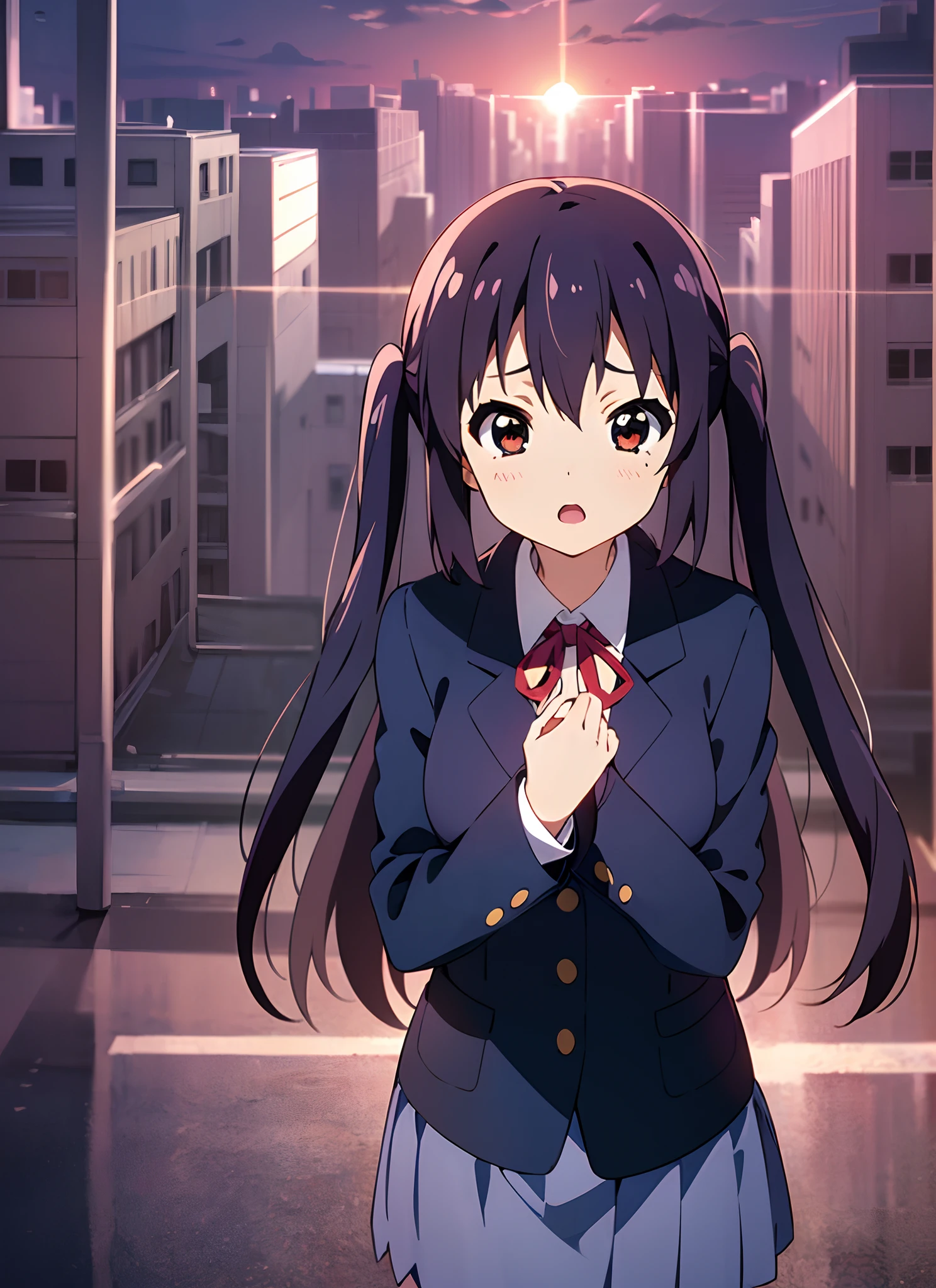 1girl, (((masterpiece))), highest quality, best quality, high detail, nakano azusa, 1girl, sakuragaoka high school uniform, school uniform, twintails, long hair, black hair, brown eyes, solo, red , a navy blue blazer with red narrow ribbon, a solid white buttoned shirt under the blazer, illustration, cartoon, soothing tones, calm colors, soft cinematic light, adobe lightroom, photolab, hdr, intricate, highly detailed, ((((depth of field)))). (((takeout))).dynamic focus.((big breasts)).(((Skyscrapers))).(((A city scape))).(((Face of sadness))). open mouth.(((Clench your fists))).(((up chest))).((evening glow)).((the setting sun)).Put your hands on your chest.