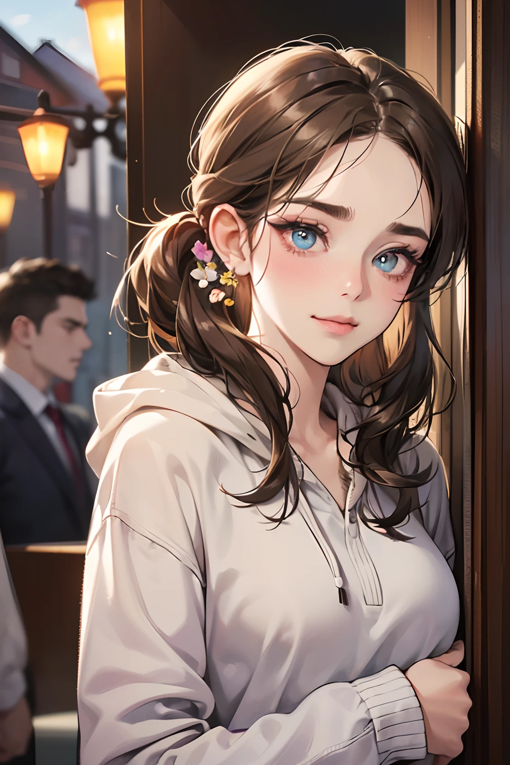 (masutepiece, Digital Art, Digital Illustration, 4K, 8K, Ultra-detailed, beautiful image, Sharp Image, Photorealistic, Raw photo, Perfect face, Perfect lines, Perfect eyes, Soft lighting) 1 woman, (lightbrown hair,Chignon Hair,Innocent look,drooping eyebrows,drooing eyes,Troubled face,cute little,big eye,natural make up,kindly smile,23 y-o woman:1.3),Two handsome men in suits, (ember,Men in suits,well-muscled,Firm shoulder width,Adult male,Boyish hairstyle,Man in his 30s with a cool expression,28-year-old man with bright smile:1.2),Flower Shop,In the storefront of a florist,Flower shed,colorful flower,Skinny Denim,Oversized hoodies,Feminine white shirt,Rough knit,(Nervous,be shy,sleepy,embarrassed from:1.1)