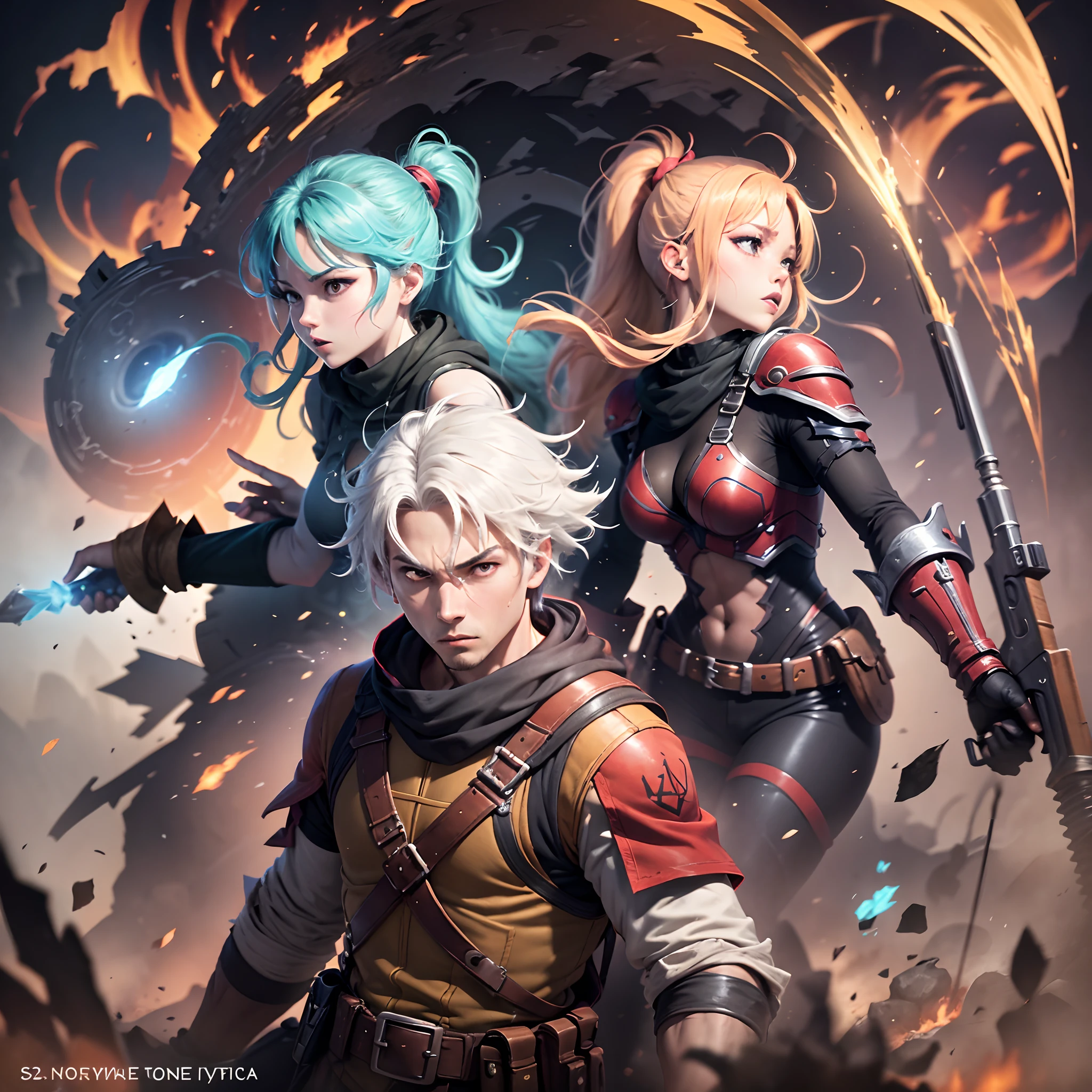 game cover, team in action, 4 characters, RPG style, anime style, minimalist, action, featured photo, no name, no watermark --auto --s2