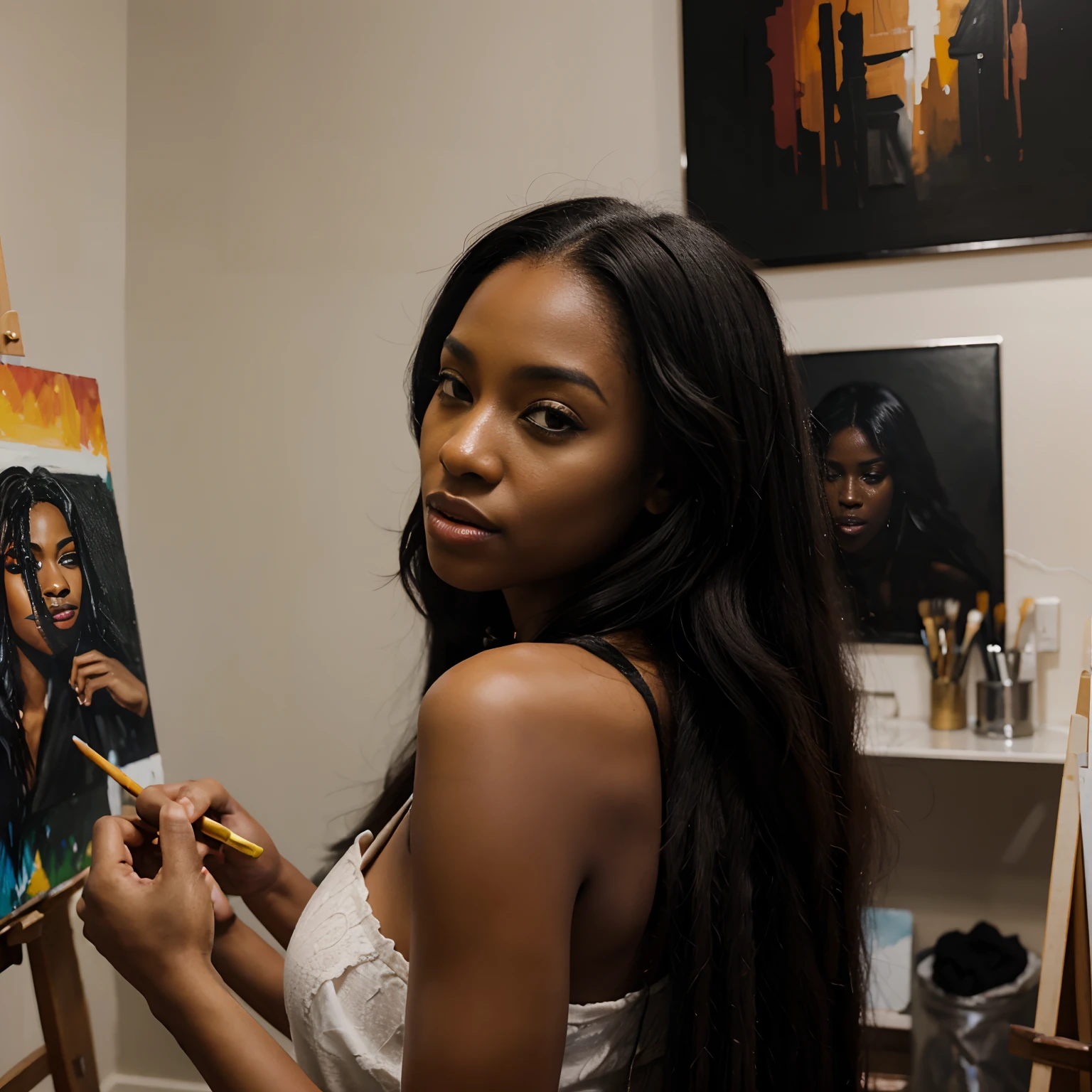 A beautiful black sexy black girl who is painting , long hair , realism picture, pretty