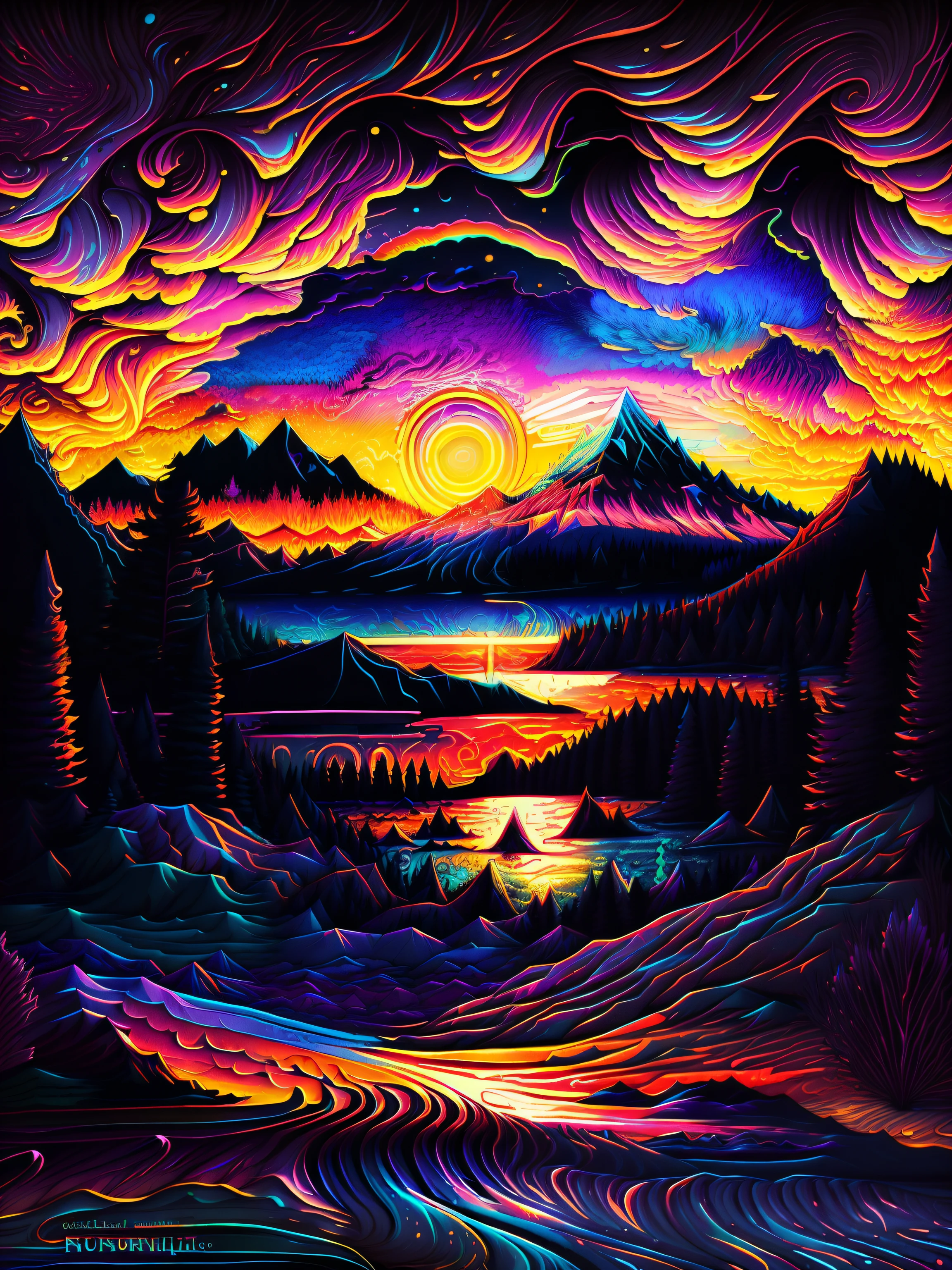 Brightly colored sunset over a mountain lake,The background is mountains, sunset psychedelic, psychedelic landscape, Vivid abstract landscape, Beautiful art UHD 4 K, sunset illustration, vibrant digital painting, Extraordinary colorful landscape, abstract nature landscape, colorful landscape painting, digital landscape art, Colorful sunset, colorful digital painting, vibrant gouache painting scenery, Psychedelic art style