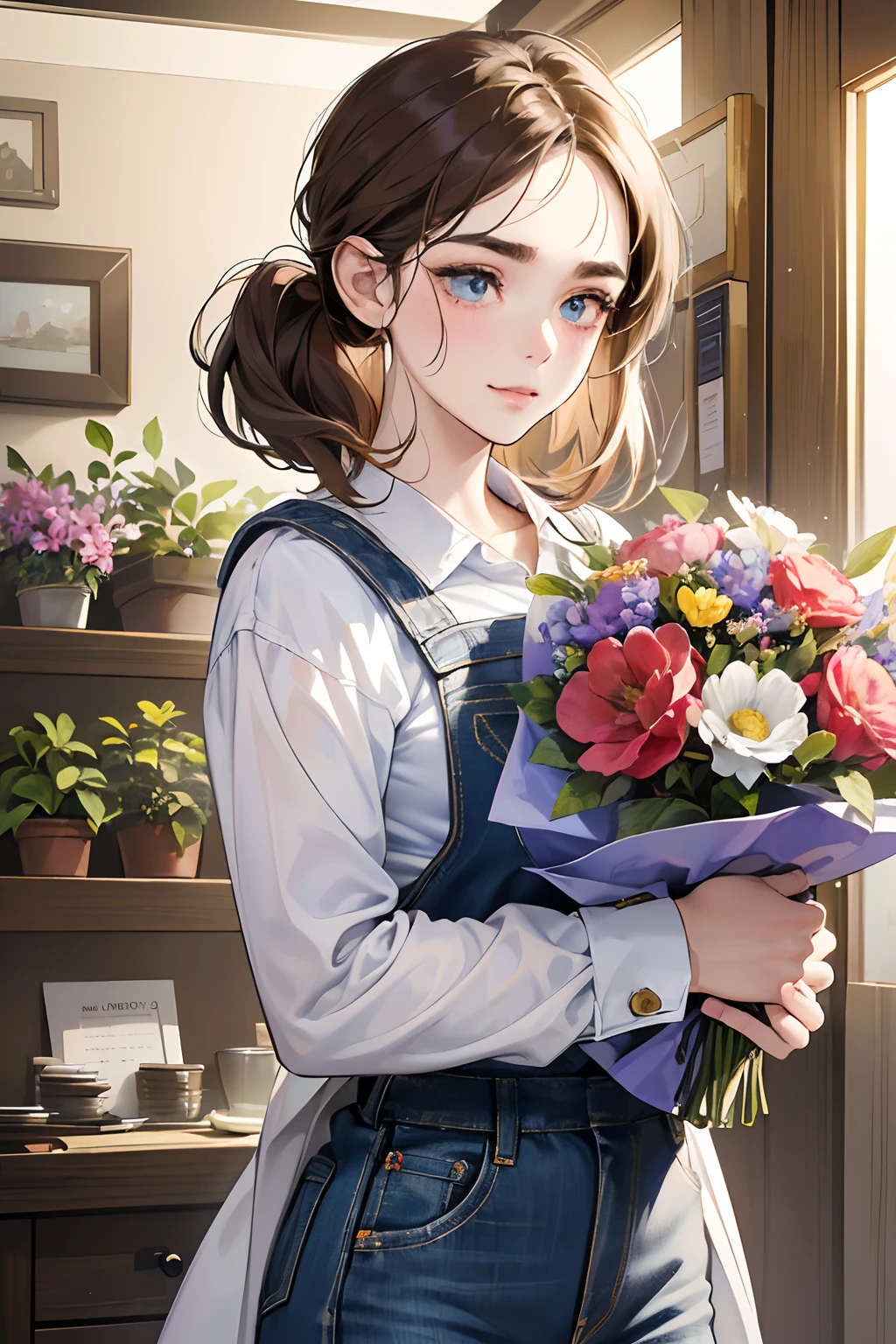(masutepiece, Digital Art, Digital Illustration, 4K, 8K, Ultra-detailed, beautiful image, Sharp Image, Photorealistic, Raw photo, Perfect face, Perfect lines, Perfect eyes, Soft lighting) 1 woman, (lightbrown hair,Chignon Hair,Innocent look,drooping eyebrows,drooing eyes,Troubled face,cute little,big eye,natural make up,kindly smile,23 y-o woman:1.3),Two handsome men in suits, (ember,Men in suits,well-muscled,Firm shoulder width,Adult male,Boyish hairstyle,Man in his 30s with a cool expression,28-year-old man with bright smile:1.2),Flower Shop,In the storefront of a florist,Flower Cottage,colorful flower,Skinny Denim,Oversized hoodies,Feminine white shirt,Rough knit,(Nervous,be shy,sleepy,embarrassed from:1.1),Open your thin mouth,pinafore,Standing Picture,floral arrangements