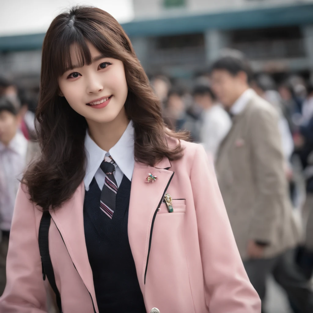 ((((five fingers)))), ((masterpiece)), (((best quality))), ((ultra-detailed face)), ultra-detailed skin, ultra-detailed eyes, ((photorealistic)), ((((five fingers)))), full boby, perfect anatomy, smile, ((japanese modern high school girl wearing school uniform and pink cute coat)), (((japanese high school girl wearing dark blackleather gloves on both hands))), mini skirt, bare legs, (((school girl holding a hand microphone))), full body, in modern tokyo, photo, street interview, 18years old, modern makeup, cute, adult school girl, shiny hair, black hair, see through bangs, black hair, portrait
