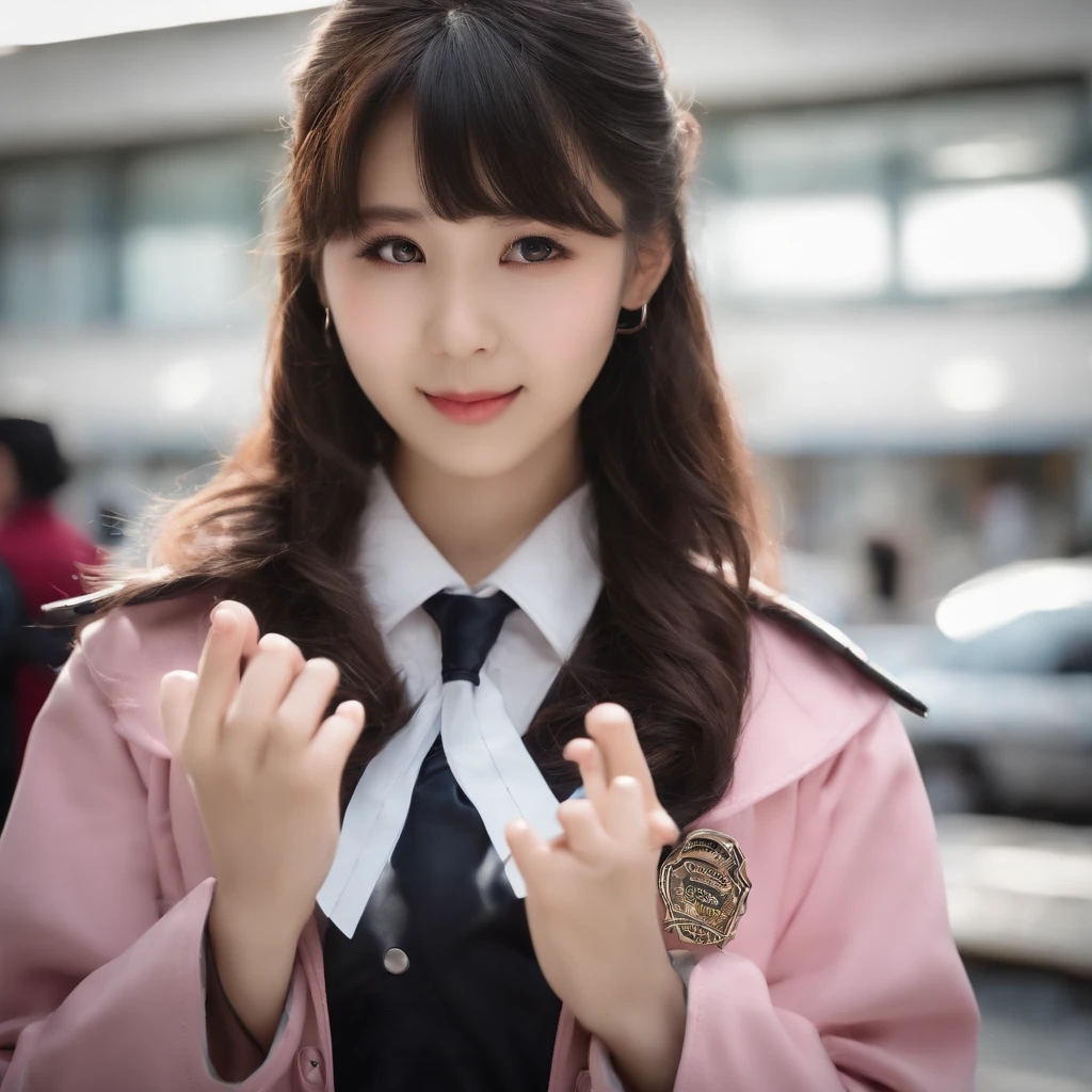 ((((five fingers)))), ((masterpiece)), (((best quality))), ((ultra-detailed face)), ultra-detailed skin, ultra-detailed eyes, ((photorealistic)), ((((five fingers)))), full boby, perfect anatomy, smile, ((japanese modern high school girl wearing school uniform and pink cute coat)), (((japanese high school girl wearing dark blackleather gloves on both hands))), mini skirt, bare legs, (((school girl holding a hand microphone))), full body, in modern tokyo, photo, street interview, 18years old, modern makeup, cute, adult school girl, shiny hair, black hair, see through bangs, black hair, portrait