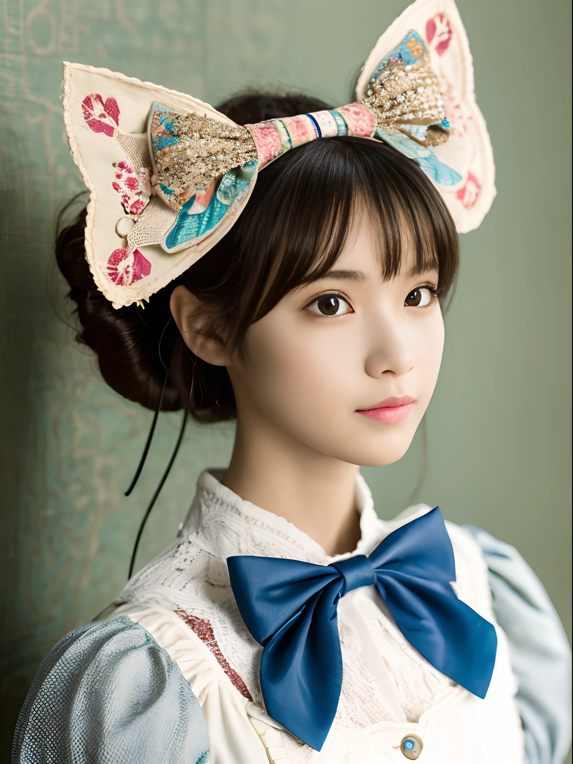 1girl in, masutepiece, Best Quality, 8K, Detailed skin texture, Detailed Cloth Texture, beautifull detailed face, Intricate details, ultra-detailliert, Alice in Wonderland, (Bow on her head:1.1), fullbody image,
