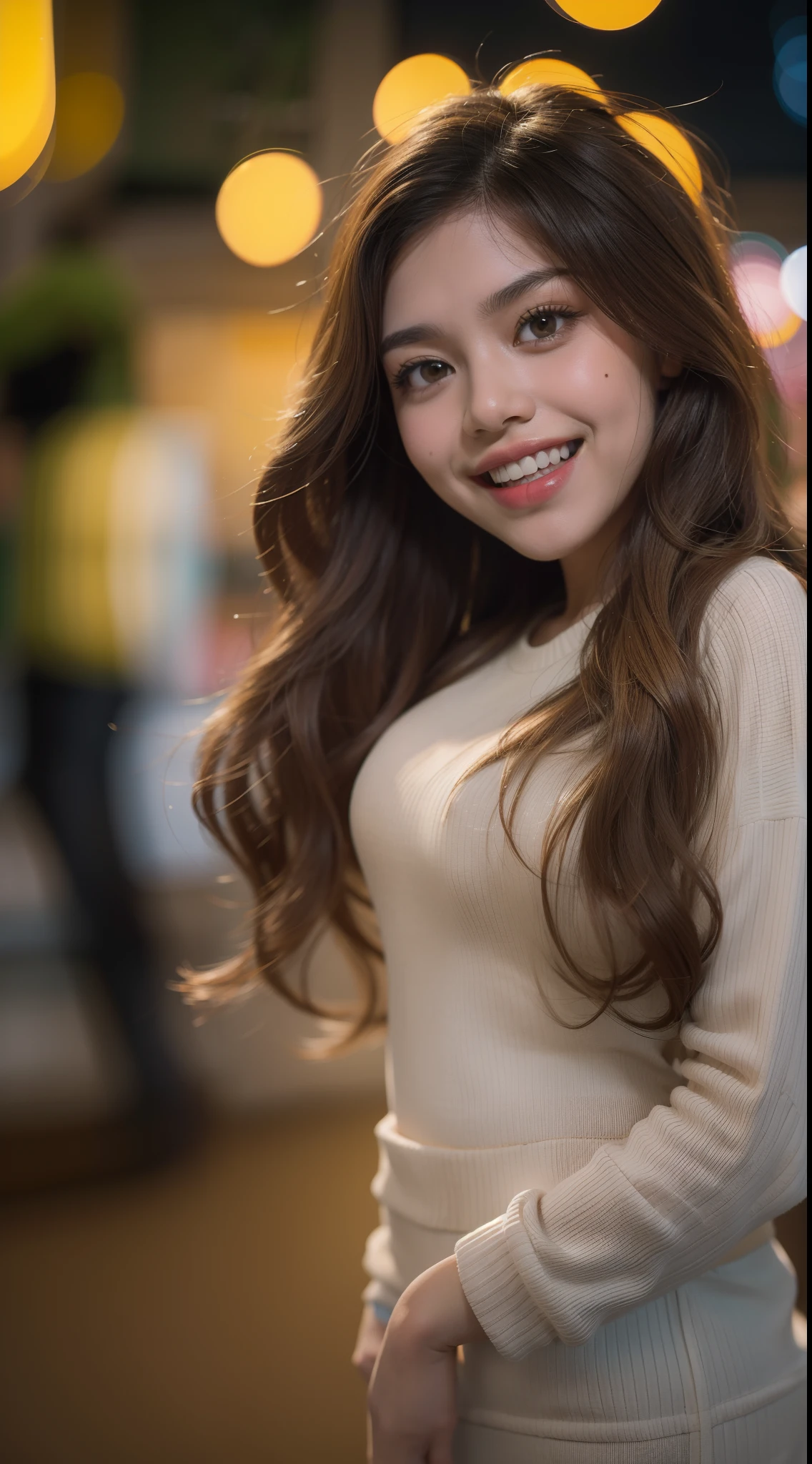 Malay girl wear sexy white knitted dress in college, very long bright golden brown hair, wavy hair, front view, detail skin, detail skin texture, mole below eyes, small breast, big hip, big waist, big thigh, slim abs, beautiful body, nighttime, laughing, happy, bright lighting, college area background, crowded college, blur background, bokeh,