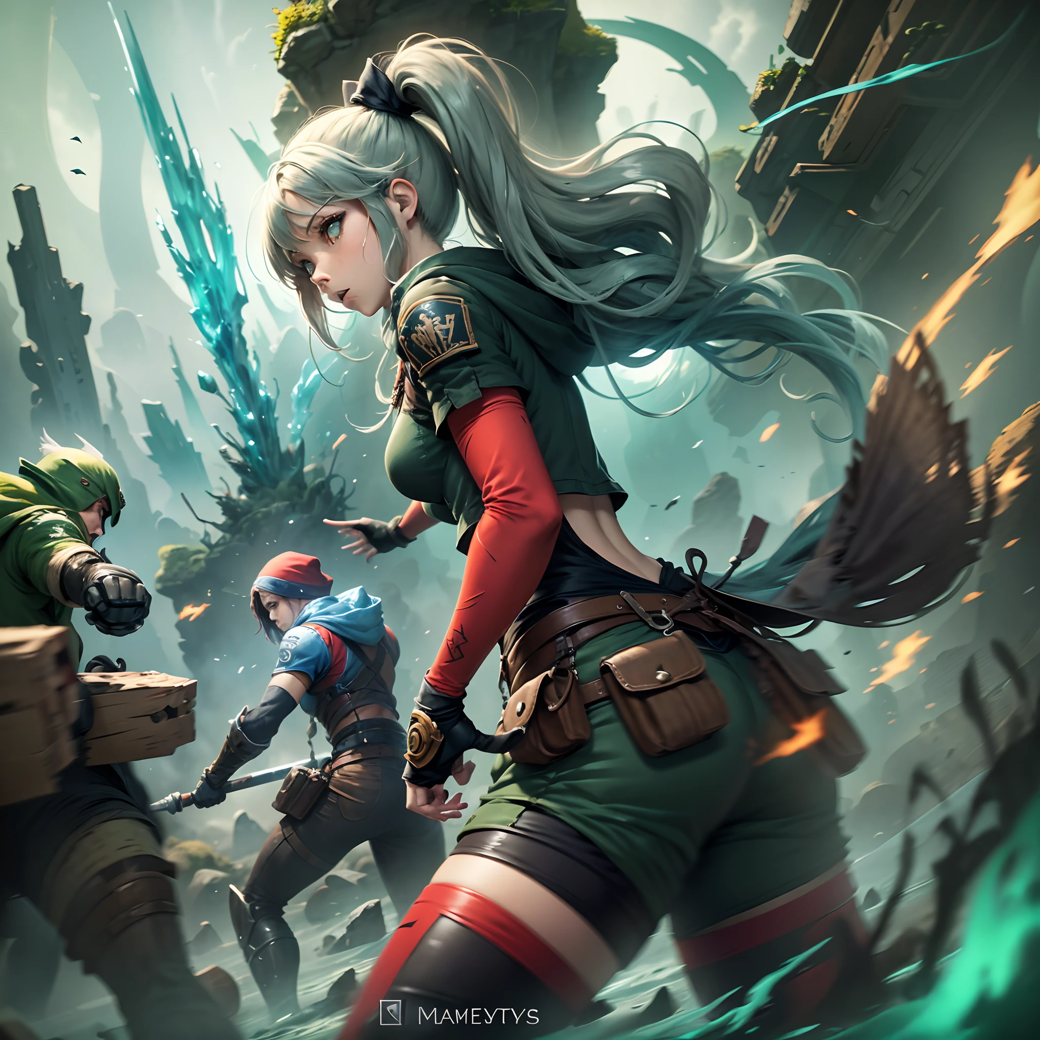 game cover, team in action, 4 characters, RPG style, anime style, minimalist, action, featured photo, no name, no watermark --auto --s2