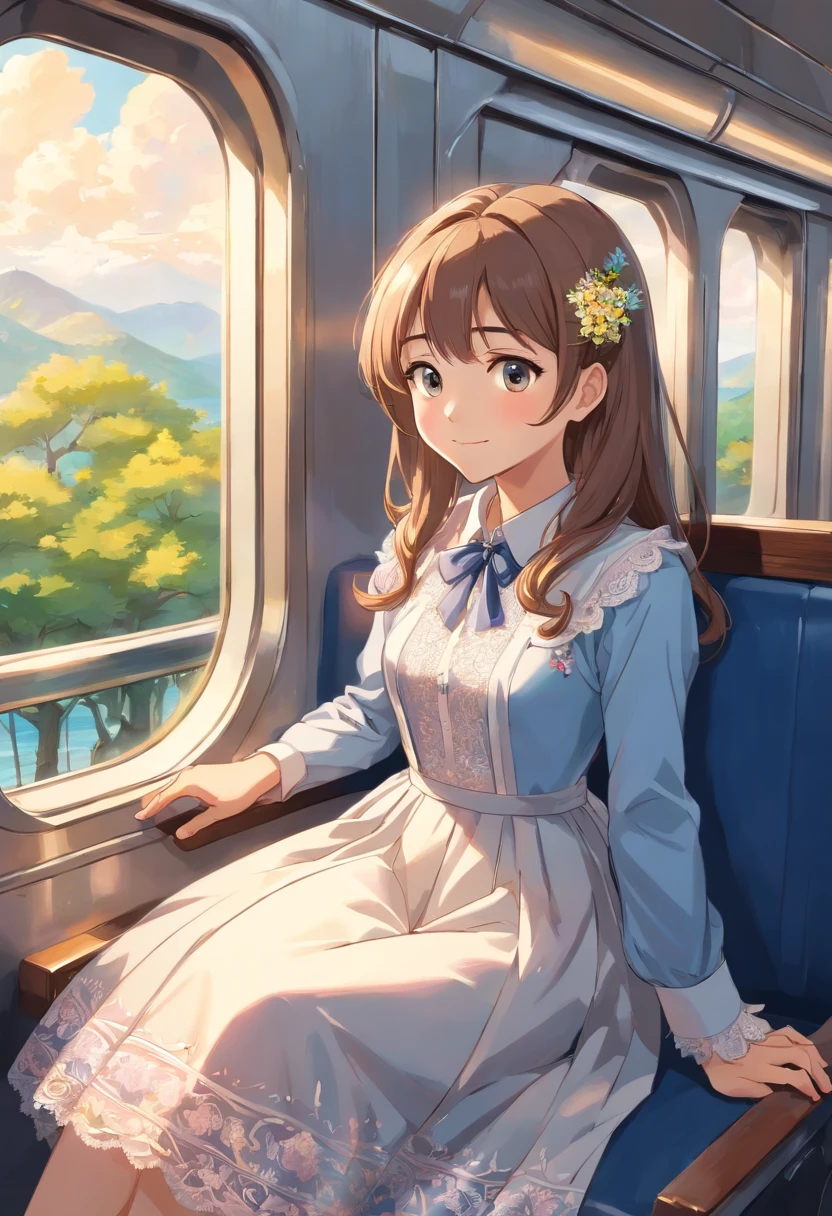 Levi, Aya, and Mella settled into their seats on the train, their hearts filled with anticipation as they embarked on their long-awaited family vacation. Levi, clad in a tailored suit with a crisp white shirt and navy blue blazer, immersed himself in the pages of his book. The formal attire he wore mirrored his composed and professional demeanor.

On the other side of the aisle, Aya's eyes lit up with wonder as she gazed out of the window. Her vibrant sundress, adorned with patterns of blooming flowers, perfectly captured her joyful and energetic spirit. Her colorful attire echoed her excitement, radiating her infectious enthusiasm.

Mella, sitting opposite Aya, exuded effortless elegance in her flowing maxi dress. The soft pastel shade of her attire, enhanced by delicate lace details, showcased her timeless beauty and sophistication. Her outfit blended harmoniously with the serene atmosphere of the impending cruise ship vacation.

As Aya pointed out the tall trees, her finger pressed against the train window, her smile grew wider, reflecting her uncontainable joy and eagerness. Her playful ensemble, Levi's formal attire, and Mella's elegant maxi dress created a visual tapestry, showcasing their distinct personalities and laying the foundation for the unforgettable adventures that awaited them.

Together, enveloped in a sense of unity and excitement, they embraced the journey, setting the stage for a family vacation that would intertwine their individual spirits and create lasting memories.