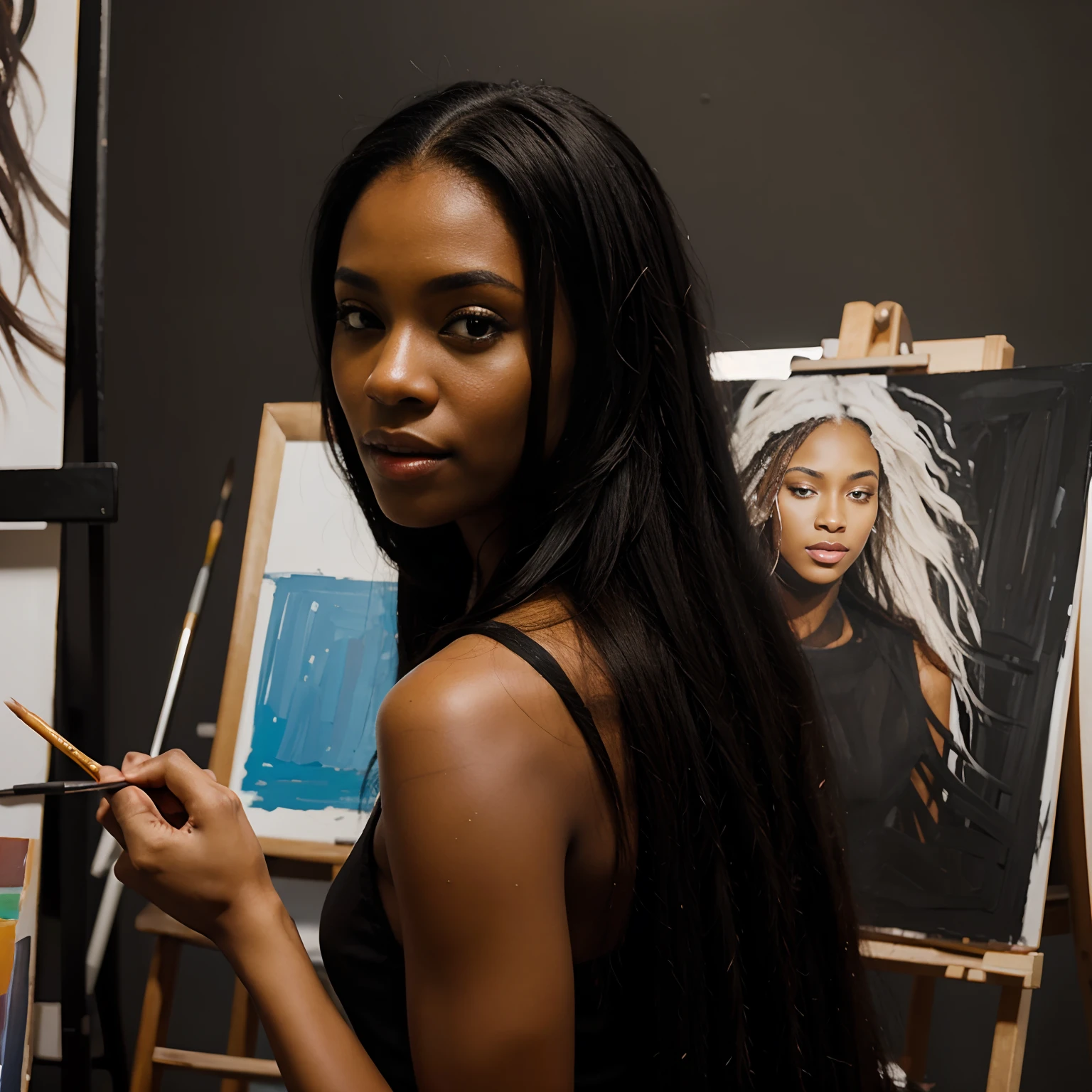 A beautiful black sexy black girl who is painting , long hair , realism picture, pretty