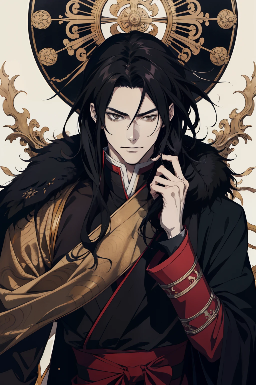 anime drawing of a man Regal Victorian era inspired anime guy with long black hair and a furry coat, handsome guy in demon slayer art, inspired by Okumura Masanobu, roguish smirk, inspired by Yamagata Hiro, anime handsome man, anime portrait of a handsome man, okata kazuto, aragorn in an anime world, kentaro miura art style