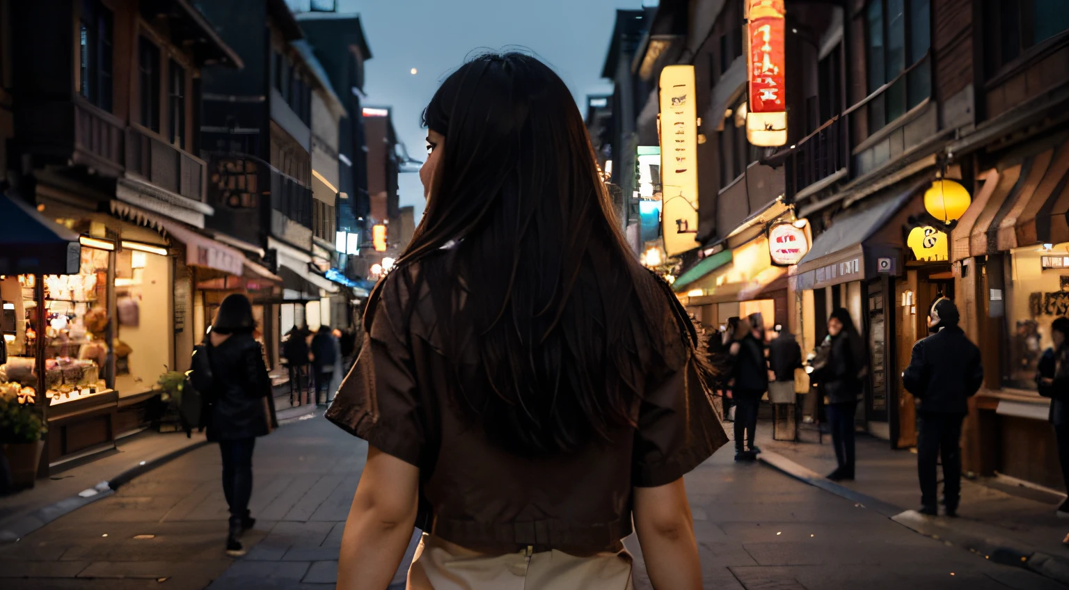 Best quality, 8k, masterpiece: 1.3), a beautiful Asian woman's back with dark brown hair, walking around the city, bright nightlights, Nikon D850 DSLR 4k camera, 100mm lens, F 1.2 aperture setting, bright and natural lighting, vibrant, relaxing atmosphere, panoramic view
