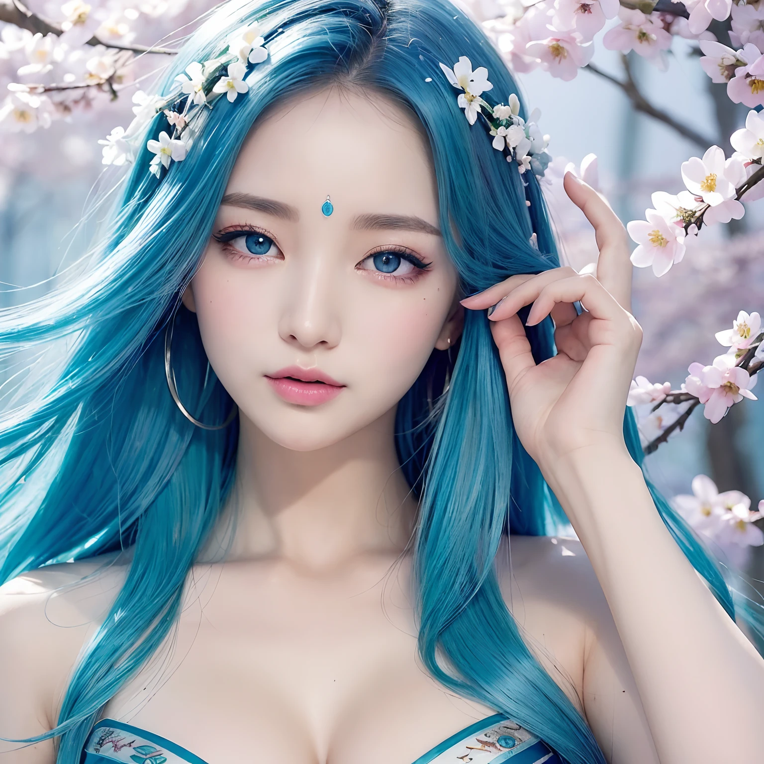 bestquality),(masterpiece:1.2), (colorfully:0.9), (ink splashes),(color splashes),((watercolor)), clear sharp focus, Model Shoot,, (Goddess of Spring:1.5), Lovely expression.,Elegant blue hair, Detailed, face-and-eye beauty, Elegant goddess clothes, Spring Forest Background,, colored water,big breastm,Double eyelidd,Eyeliner,long eyelashes