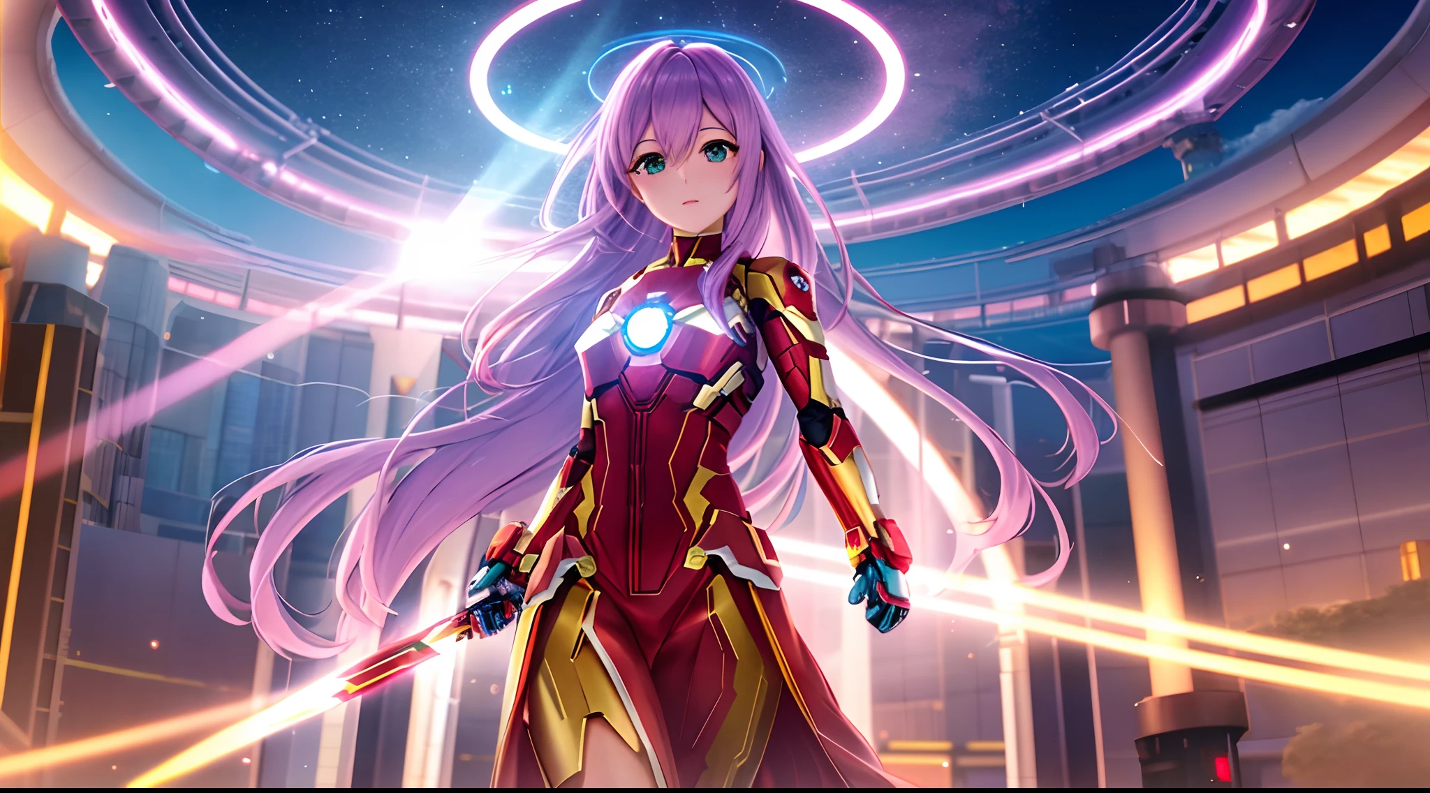 Athena with plain long light purple hair,hair between eyes,green eyes,rosy cheeks,full lips,thin eyebrows,slender body,wearing marvel's iron man costume and full long skirt,cute anime girl,full body,futuristic hyperloop tunnels in background,anime style,extremely deep depth of field,Lumen Reflections,Screen Space Reflections,Diffraction Grading,Chromatic Aberration,GB Displacement,Scan Lines,Ray Traced,Anti-Aliasing,FXAA,TXAA,RTX,SSAO,Shaders,OpenGL-Shaders, GLSL-Shaders,Post Processing,Post-Production,cell Shading,Tone Mapping,CGI,VFX,SFX,insanely detailed and intricate, 4K,standing, solo, masterpiece, best quality, detailed face, detailed eyes, highres, standing, solo,masterpiece, best quality