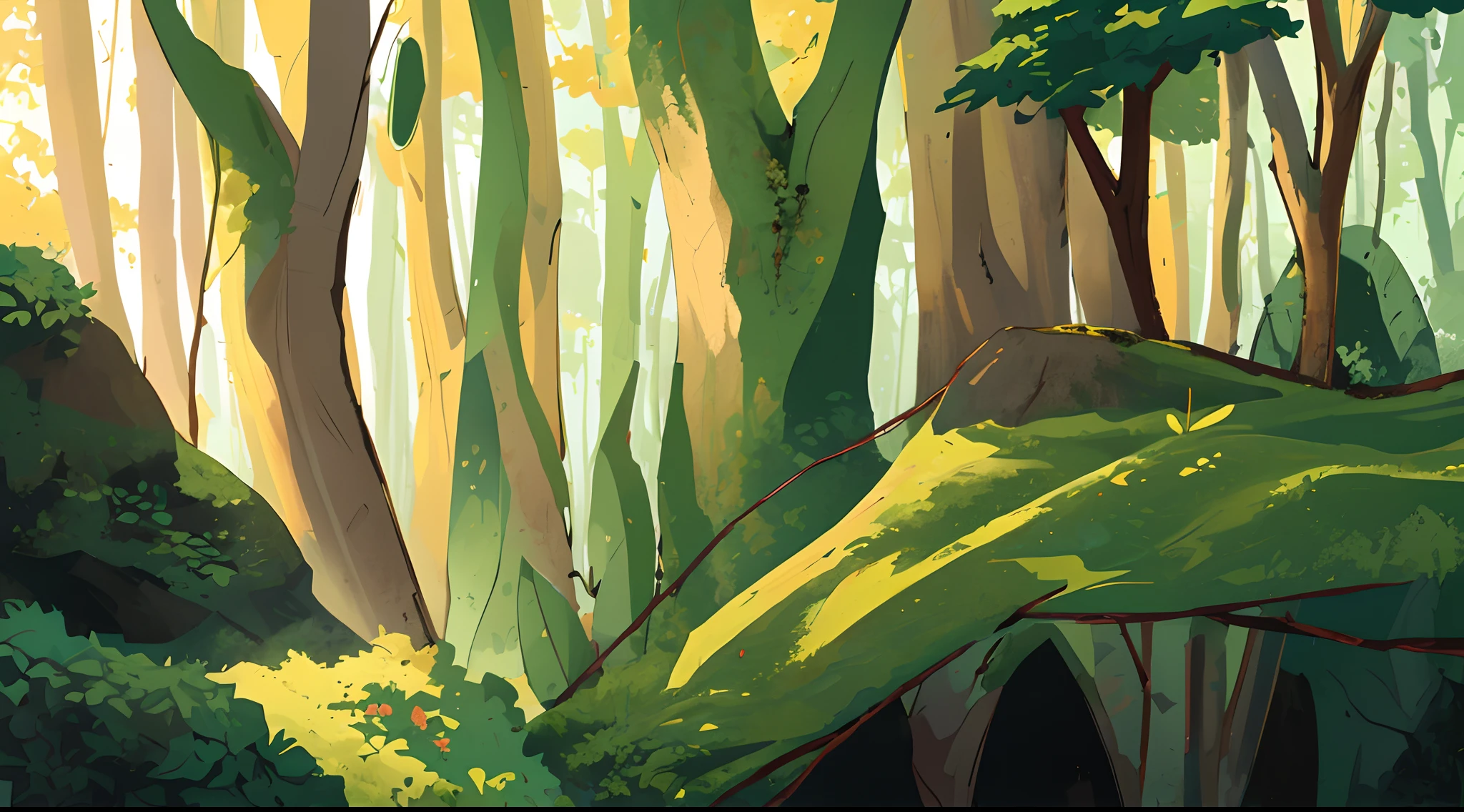 deep forest, woods, trees, brown trunks, branch, green bush, rock, detailed, high quality, masterpiece,