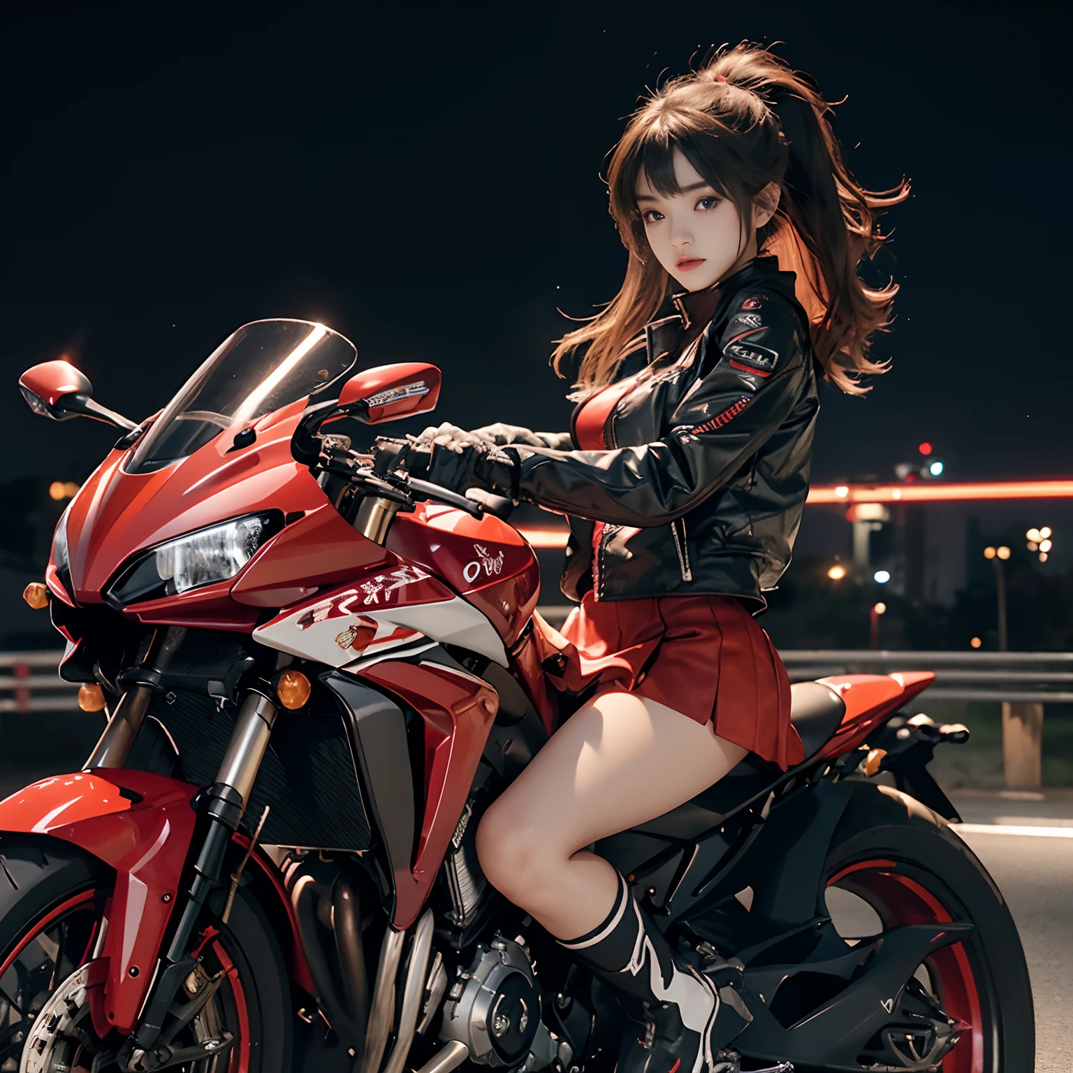 hight resolution、high-level image quality、in 8K、Real live-action、Raw photography、top-quality、masterpiece、masutepiece、(Soft Saturation:1)、(depth of fields:1.2)、(Ray traching:1.2)、landscapes、natta、optic、The background is a sci-fi style night view、heavy wind、Big red motorcycle speeding through the city at night、Young woman in red dress sitting on a big red motorcycle, Beautiful face、(Red Skin Jacket:1.2)、(Red short skirt:1.3)、white knee highs、Red boots、perfect hand、perfect foot、perfect ankles、Grab the controller:1.2、Sit on a Honda CBR1000RR, Wearing a red sci-fi style full-face helmet, full face helmet:1.2、Riding a Honda CBR1000RR, Sci-fi style bikes, Sci-fi style bikes, Honda CBR1000RR Motorcycle Rider, How to ride a Honda CBR1000RR, picture of a female biker, motorbike,Motorcycle displacement: About Honda CBR1000RR、quick, High-speed shooting, up close shot,motion-blur、