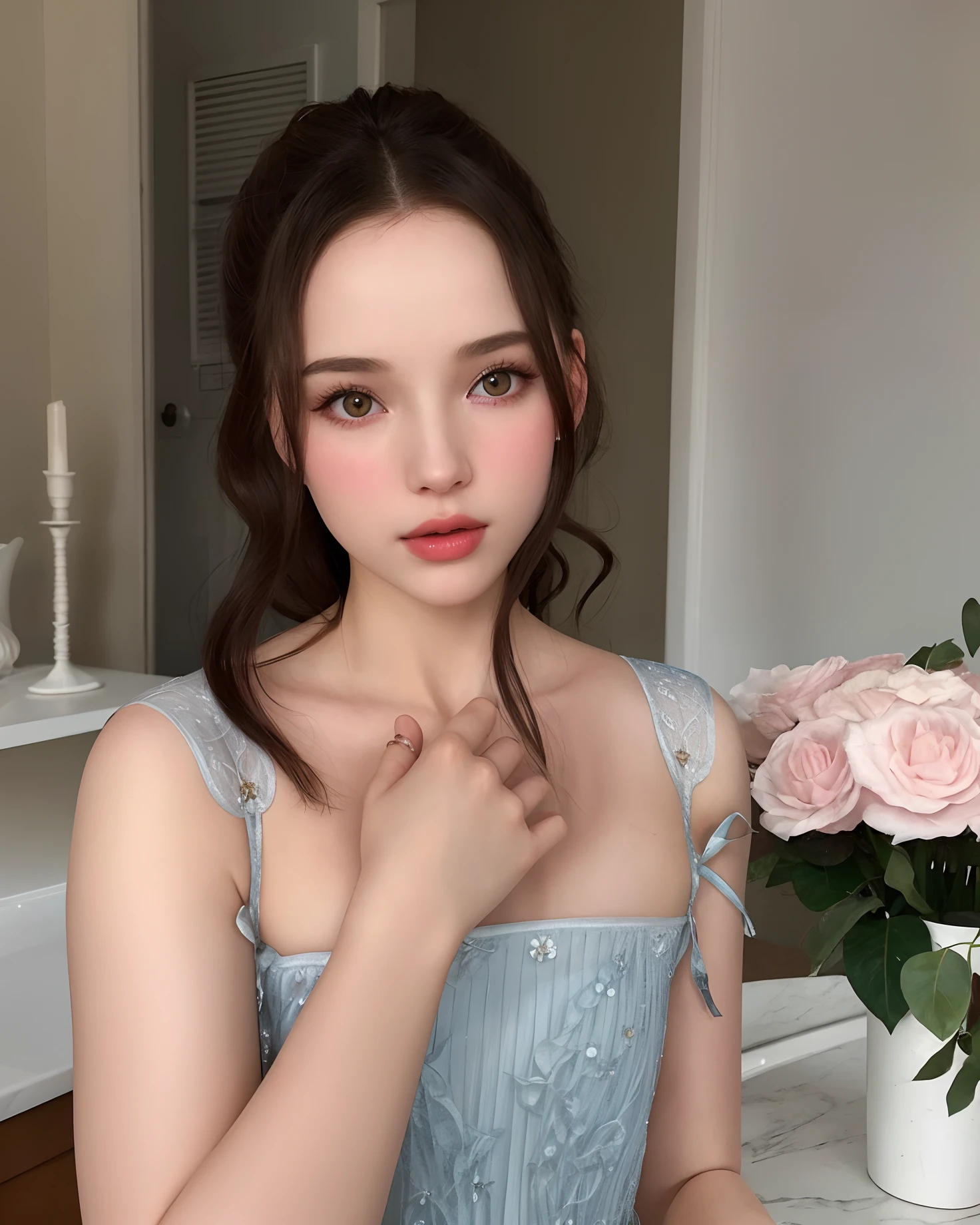 There's a woman who is posing for a photo in a dress, Estilo de Julia Razumova, Retrato Sophie Mudd, Anna Nikolanova aka Newmilky, with pale skin, Dasha Taran, Cara delicada y encantadora, Hermosa modelo joven, Hermosa Kacey Rohl, Modelo muy bonita, Ekaterina, pale, shiny skin, natural soft pale skin, Dove Cameron