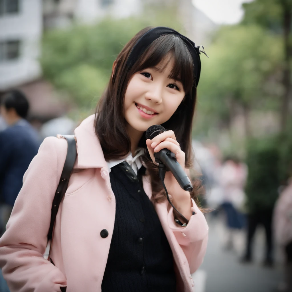 ((((Five Fingers)))), ((masutepiece)), (((Best Quality))), ((Ultra-detailed face)), super-detaild skin, Ultra-detailed eyes, ((Photorealistic)), ((((Five Fingers)))), full boby, Perfect Anatomy, Smile, ((Japan modern schoolgirl in uniform and pink cute coat)), (((Japan high school girl wearing dark black leather gloves on both hands))), Mini skirt, Bare legs, (((High school girl with hand microphone))), Full body, In modern Tokyo, Photo, Street Interviews, 18year old, Modern makeup, Cute, Adult schoolgirl, Shiny hair, Black hair, short-hair,Looking through the bangs, Black hair, Portrait