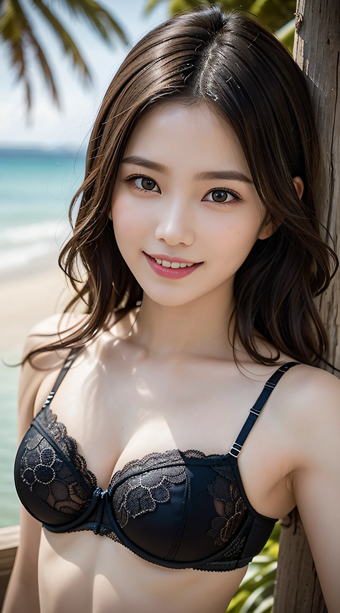 1girl, Extremely cute, Amazing face and eyes, (Beautiful lovely smile), (extremely detailed beautiful face), bright and shiny lips, (cute bikini:1.3), (very elaborate lace bra:1.5), smooth skin, super beautiful, attractive, (Best Quality:1.4), (hyper quality), (Ultra-detailed), (hyper-realistic, Photorealsitic:1.37), Authentic skin texture, complex details, extremely detailed CG unified 8k wallpaper, RAW Photos, professional photograpy, Cinematic lighting, coast, sea, palm trees,