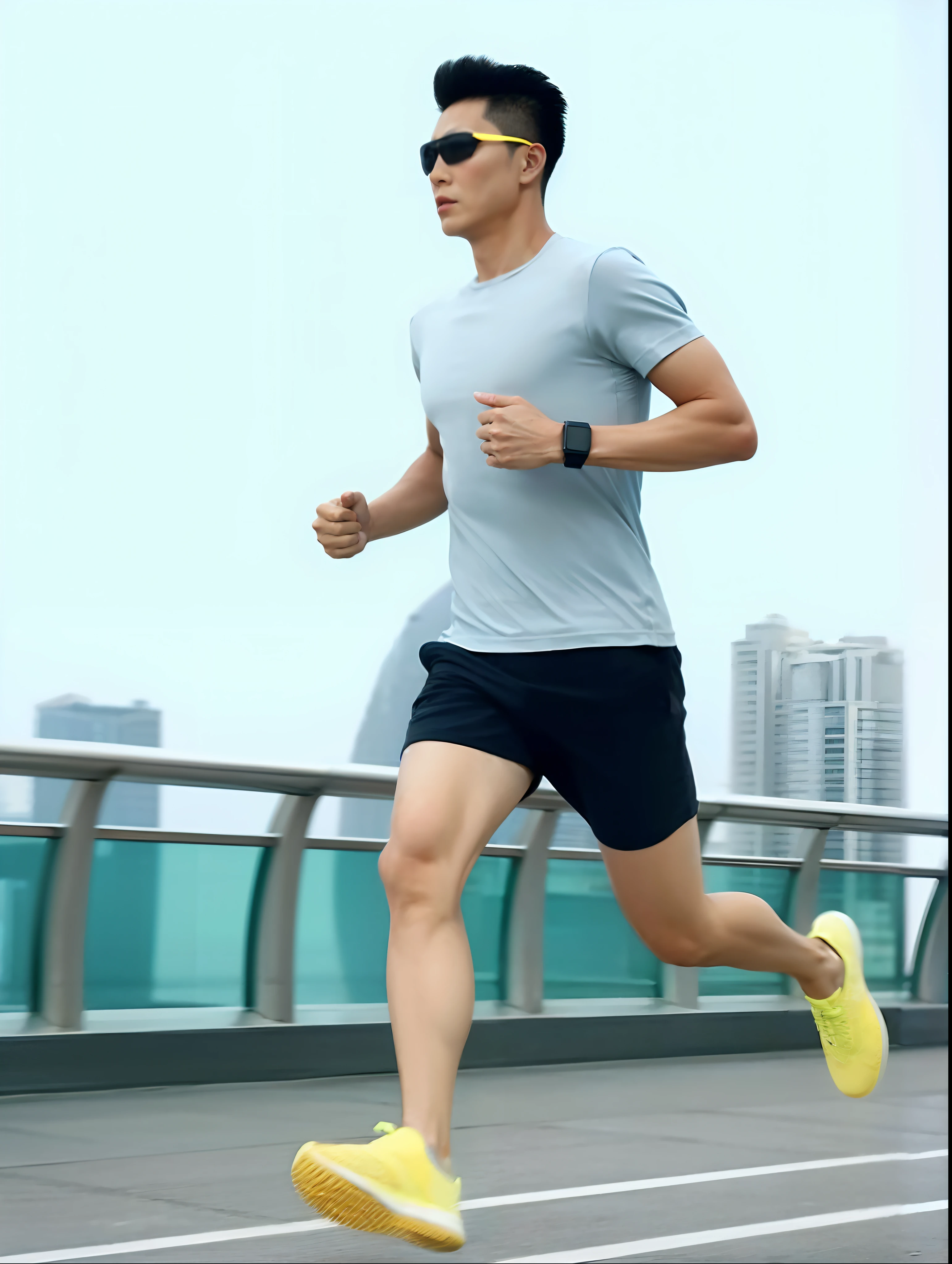 There was a man running on a bridge，The background is a city, running pose, Correr libremente, dynamic active running pose, running sequence, wearing fitness gear, people running, sprinting, The action of running and fighting, hyper realisitc, 5 k, 5k, inspired by Cheng Jiasui, Clear and handsome facial features，Clothing and shoes are clearly detailed，The background is clearly handled, Fanart, heart rate