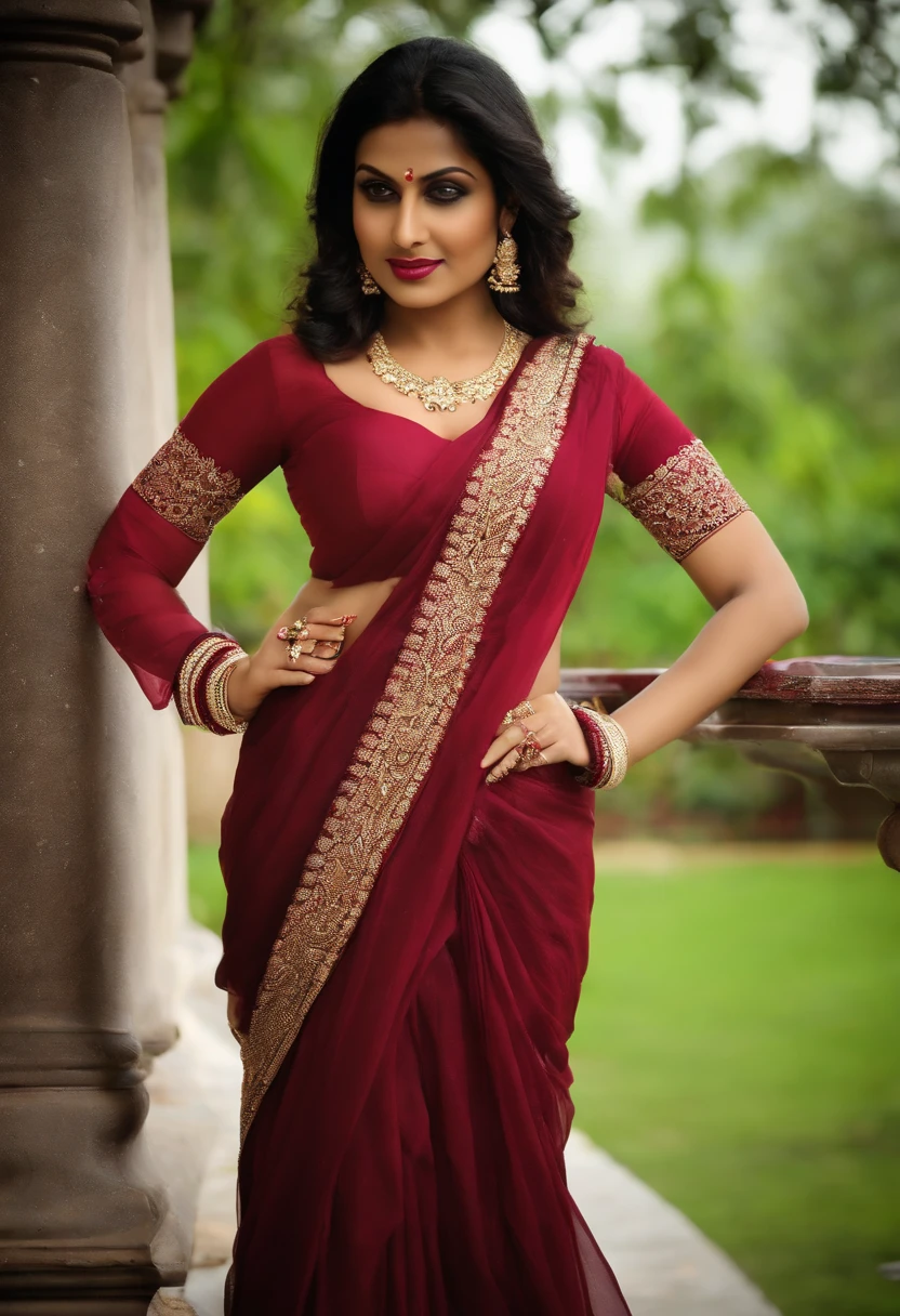 Desi Bhabhi In Maroon Sari, without blouse, 34 d breasts