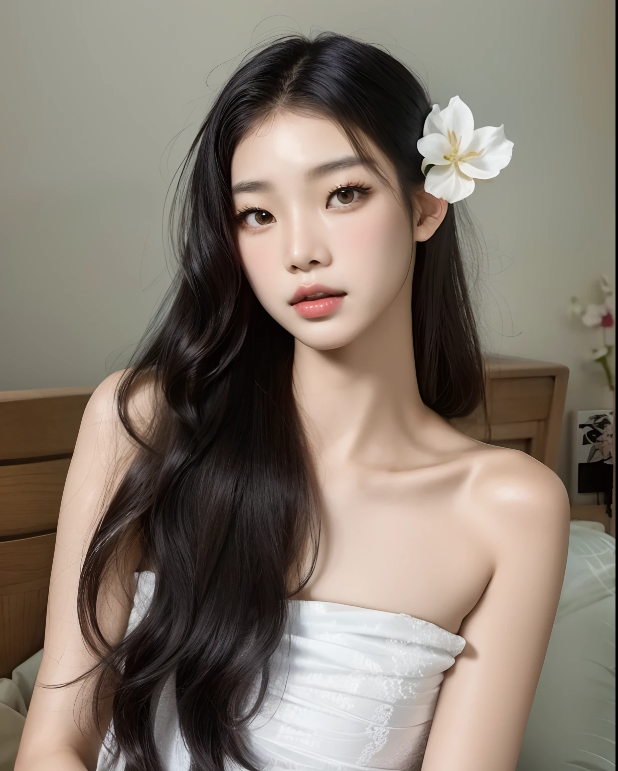 Arafed Asian woman with long black hair and a white flower in her hair, Hermosa mujer surcoreana, Hermosa joven coreana, Hermosa joven coreana, beautiful asian girl, Chica coreana, asian features, Asian girl with long hair, Hermosa modelo china, young cute wan asian face, Mujer coreana, beautiful Asian woman, Joven y adorable rostro coreano, an asian woman