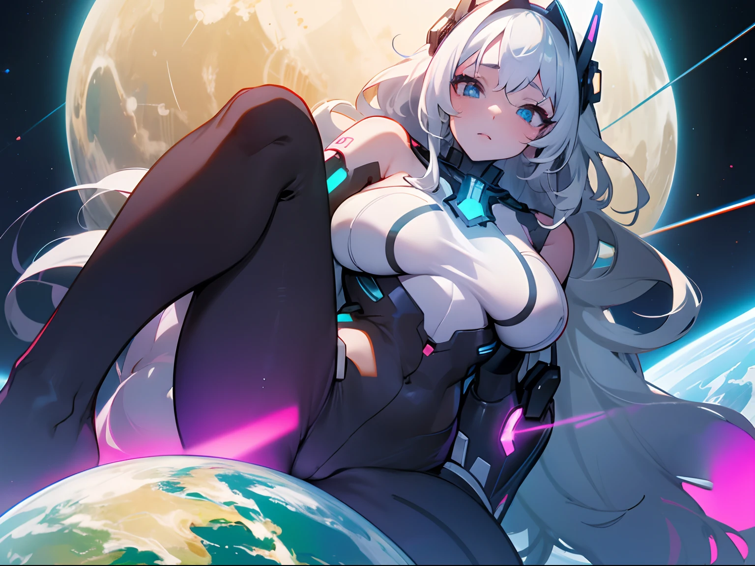 Anime giantess, giant breasts, gigantic breasts, giantess, masterpiece, best quality, flawless skin, detailed eyes, giga giantess, alien giantess, bigger than planet, , naked, no clothing, long hair, wavy hair, white hair, pure black eyes, biggest breasts, giantess growth, neon glowing fingers, wearing electronic headpiece, giga anime giantess, sensual, turned on, flushed, white skin, neon blue lights, space in background, much larger than earth, breasts larger than earth, scelera eyes, completely black eyes, neon blue pupils, futuristic, crushing entire planet, planet earth is smaller than her breasts, thousands of kilometres tall, as large as the sun, futuristic accessories, exposed lower body, exposed legs, galactic giantess, biggest giantess, space giantess