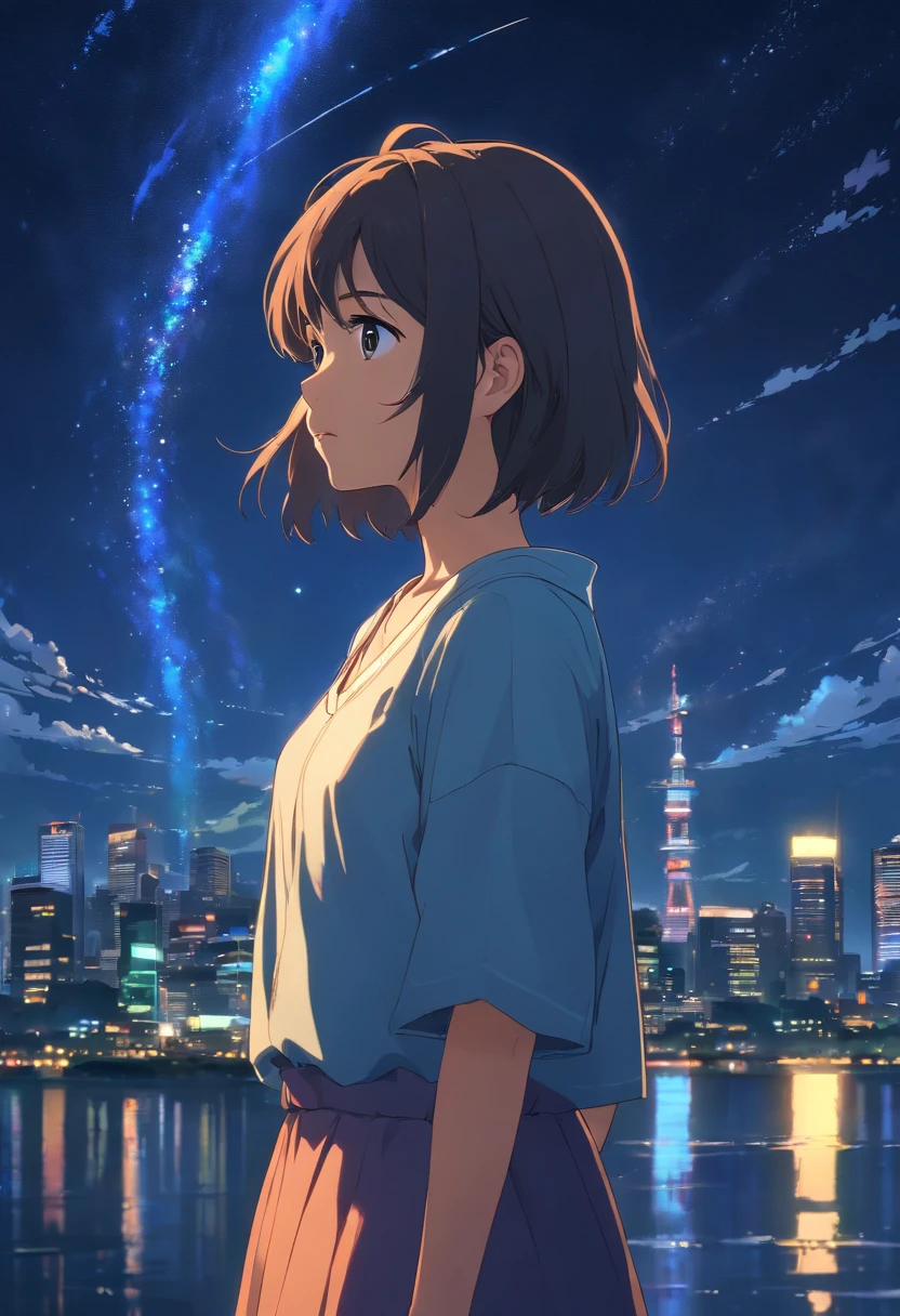 20 year old Japanese woman standing in front of the night sky