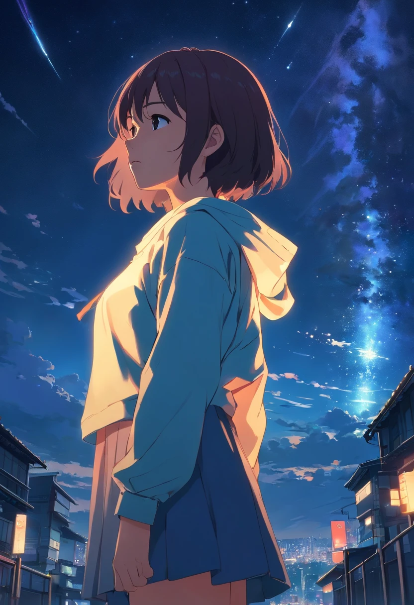 20 year old Japanese woman standing in front of the night sky