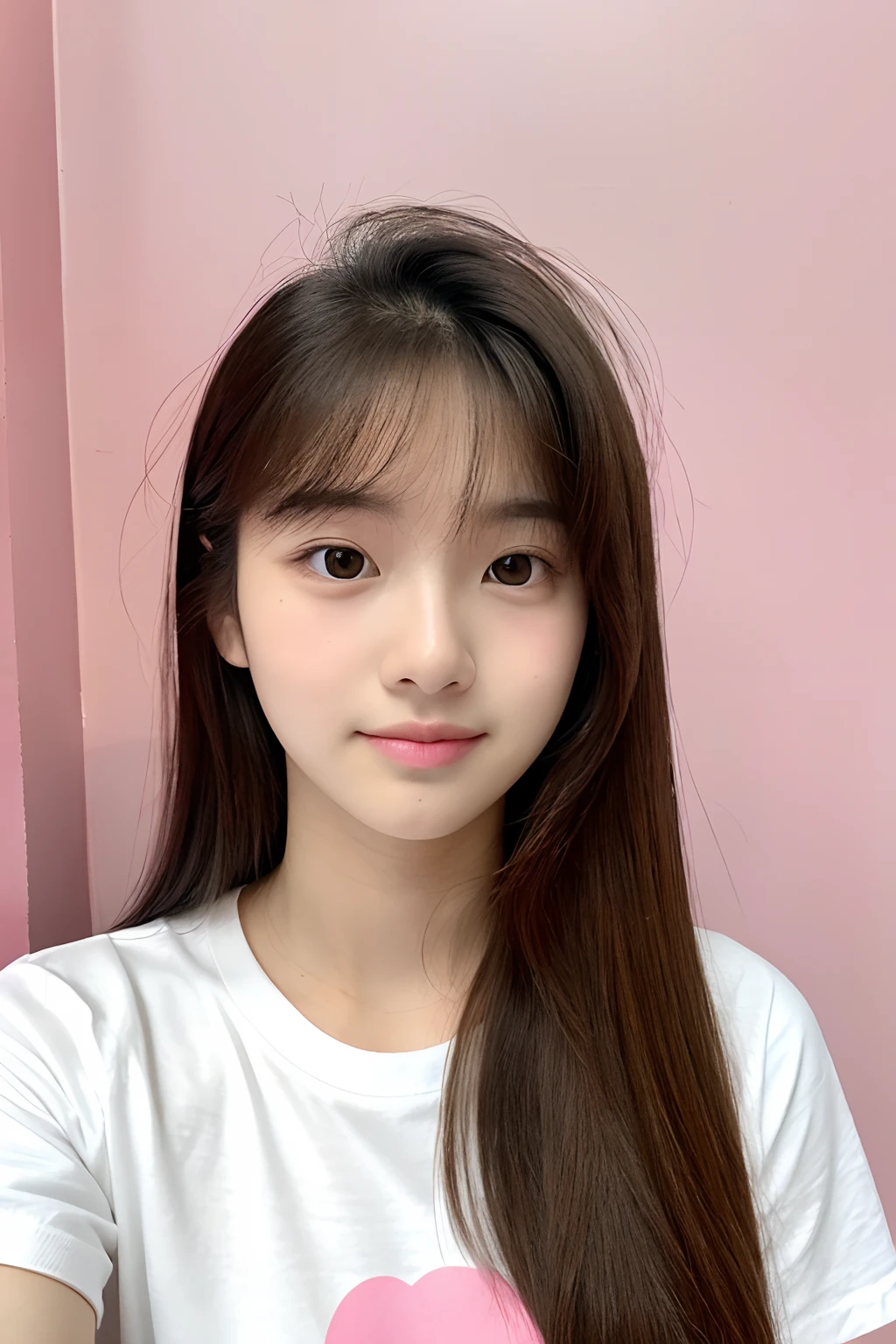 19 years old, College girl, Indoors, Front-facing Pink Wall, White T-Shirt, Upper Body up of face Beautie