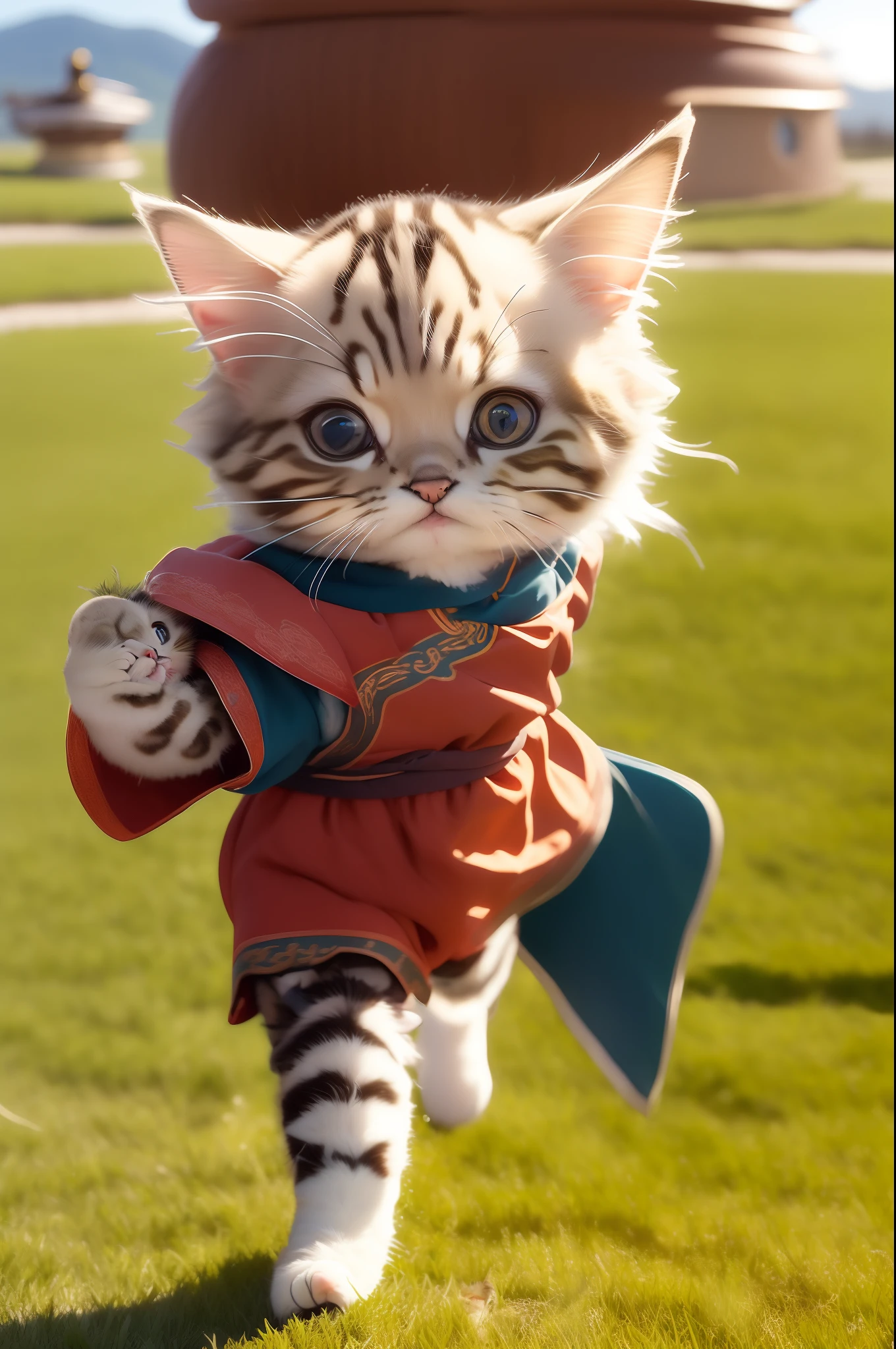 (maomihb:1.2),( no human:1.5), children focus,solo,In focus, Long Shot,(kitten:1.5).(full body:1.3),(mongolian_style:1.5), light green clothes, (Mongolian
boots:1.2),dancing Mongolian dances,
Autumn,front view, (Prairie:1.3),(yurts:1.2) blue sky, white clouds,
(Depth of field:1.5),( bokeh background:1.2), (blurred background:1.4),
(Best quality, masterpiece: 1.2), (extremely intricate details), High sharpness, High definition, Extremely refined and beautiful, 8k,