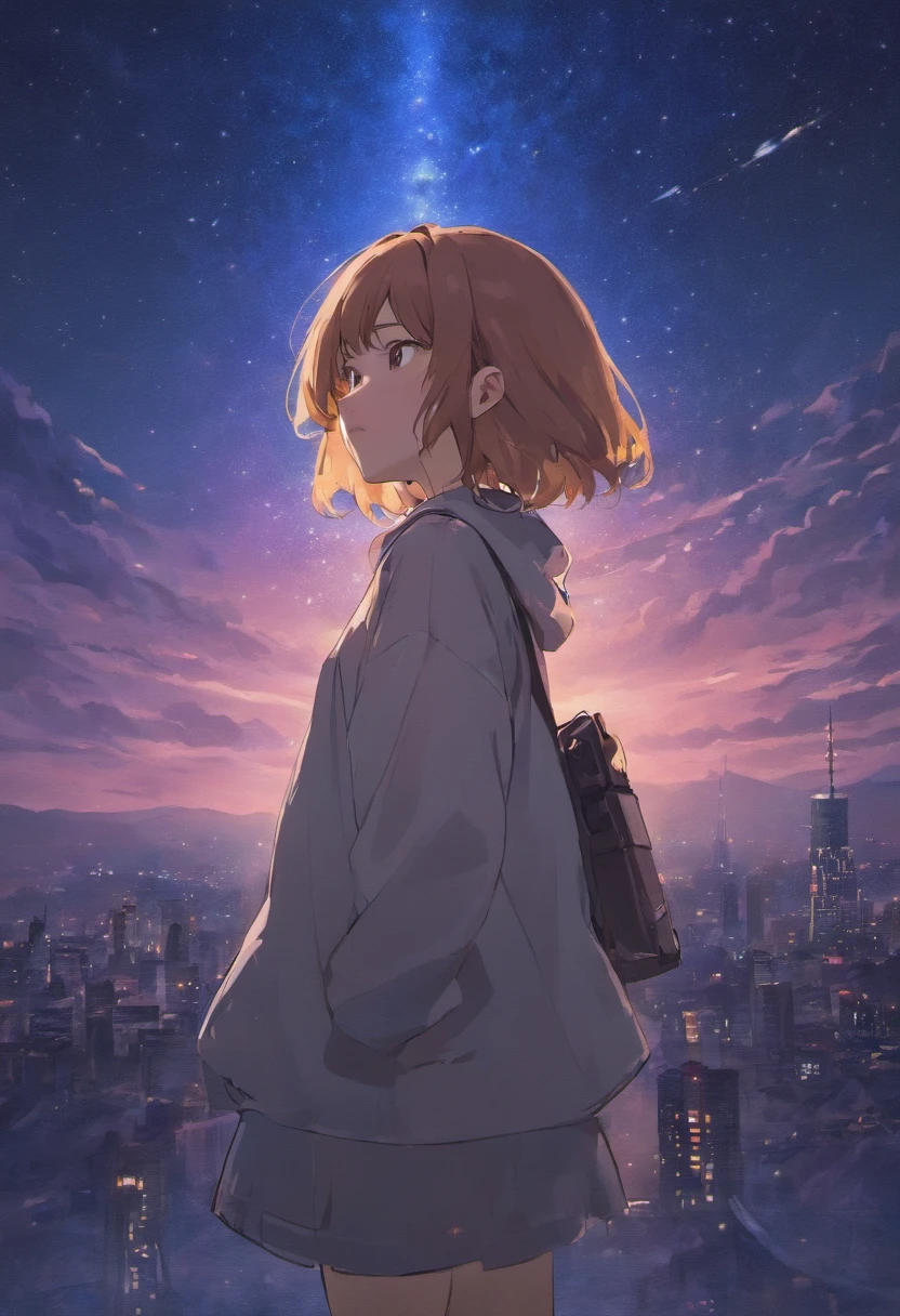 20 year old Japanese woman standing in front of the night sky
