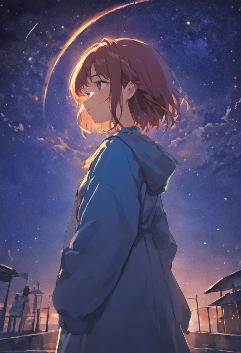 20 year old Japanese woman standing in front of the night sky