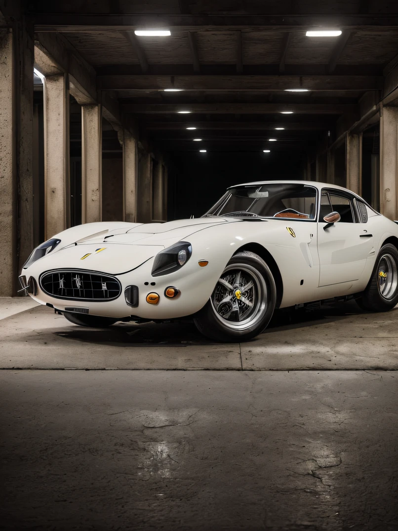 ((masterpiece、top-quality、realisitic、ultra-detailliert、hight resolution、Photorealsitic、foco nítido、photographrealistic、Raw photography、lighting like a movie))、In the parking lot、((Ferrari 250 GTO))、3/4Front view