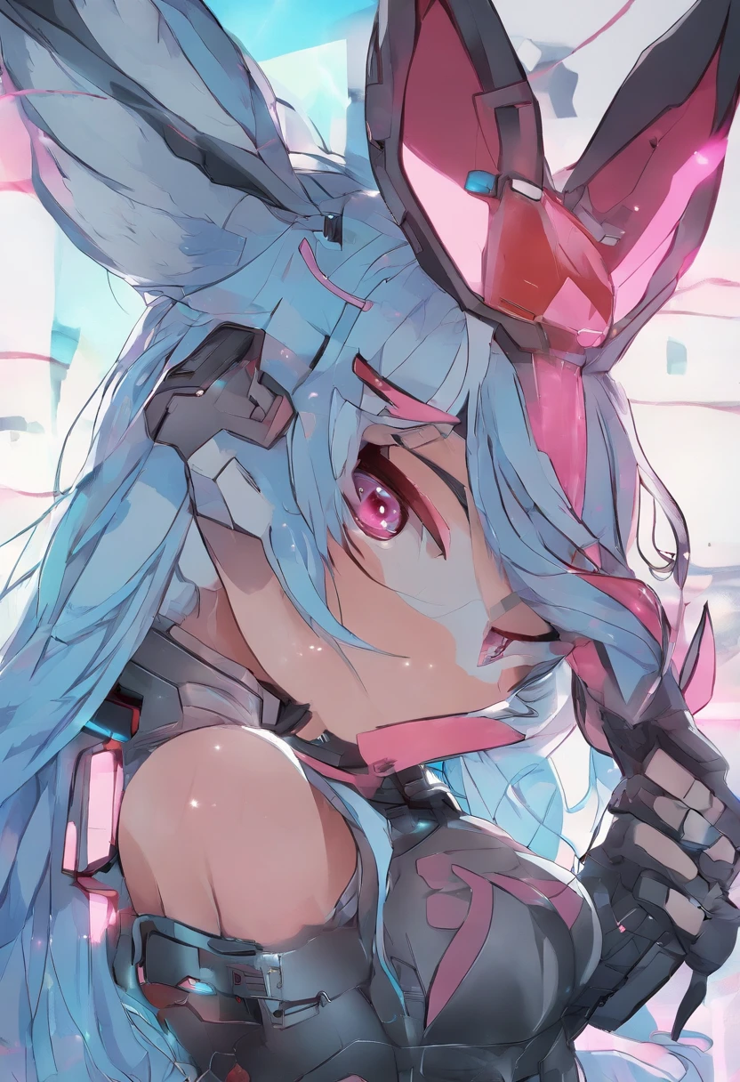 absurderes, Furry, Female furry, anthro, trending on artstationh, Uploaded on e621, A detailed portrait of a human woman, Extreme detail, Detailed fluffy fur, full bodyesbian, Blushing, Detailed eyes, (shaded), (Detailed lighting), (Cinematic lighting), (Masterpiece, hi,It's nothing, RAW photo, high resolution, High details, Best quality), High definition, (High sharpness:1.3), Rabbit ears, Rabbit tail, Navy blue fur, Long_Hair, side locks, Low Twin Tails, sky_Blue_Hair, Hair_between_Eyes, Pink_Colored_streaked_Eyes, (Black light armor embroidered in aqua blue:1.1), (Short black ripped cloak,Red light embroidery:1.2), High waist lateral chest,There are on the body,,,All exposed,And pouting