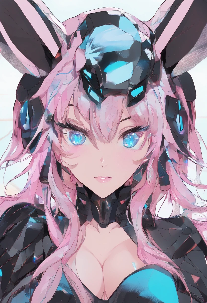 absurderes, Furry, Female furry, anthro, trending on artstationh, Uploaded on e621, A detailed portrait of a human woman, Extreme detail, Detailed fluffy fur, full bodyesbian, Blushing, Detailed eyes, (shaded), (Detailed lighting), (Cinematic lighting), (Masterpiece, hi,It's nothing, RAW photo, high resolution, High details, Best quality), High definition, (High sharpness:1.3), Rabbit ears, Rabbit tail, Navy blue fur, Long_Hair, side locks, Low Twin Tails, sky_Blue_Hair, Hair_between_Eyes, Pink_Colored_streaked_Eyes, (Black light armor embroidered in aqua blue:1.1), (Short black ripped cloak,Red light embroidery:1.2), High waist lateral chest,There are on the body,,,All exposed,And pouting